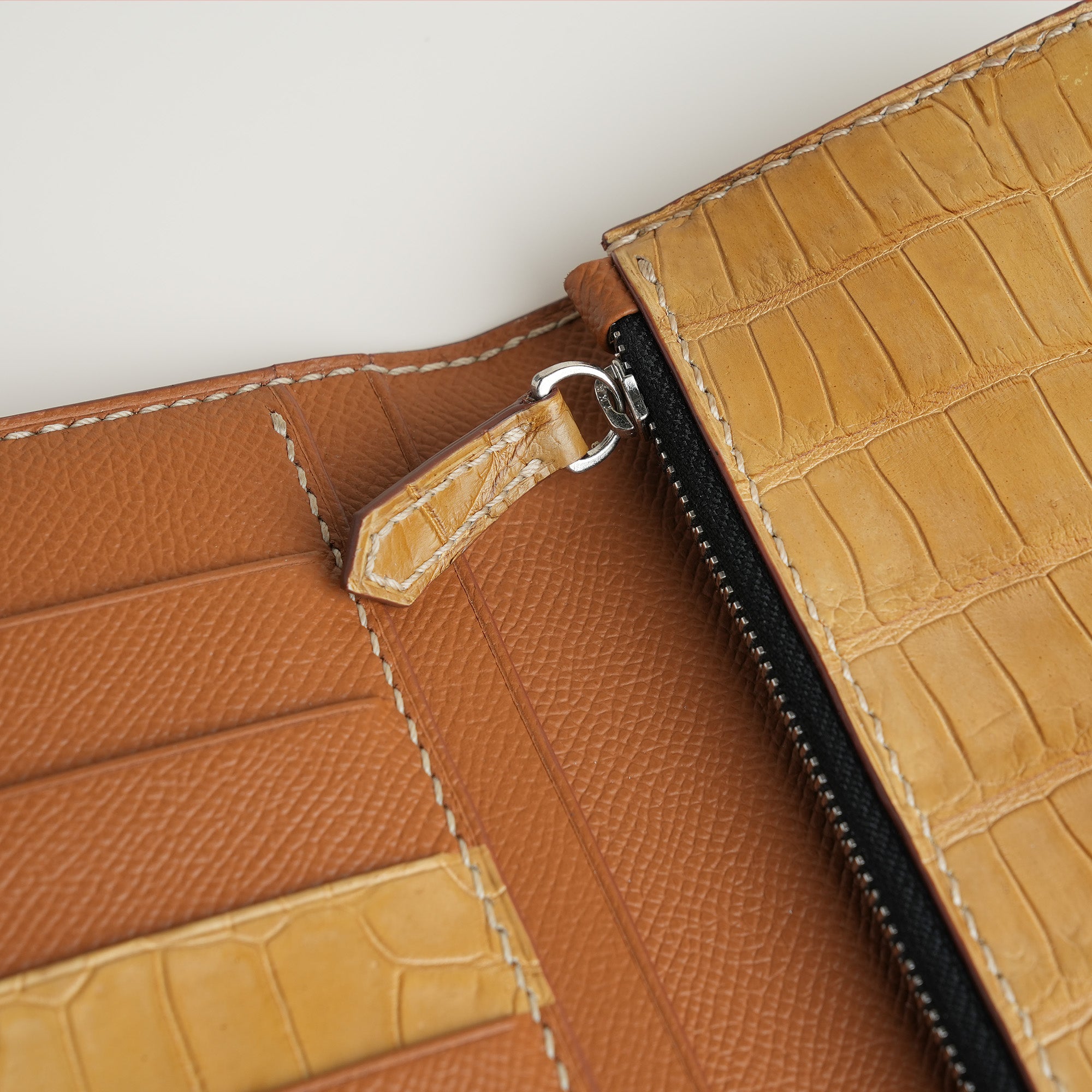 Beige Crocodile Leather Long Wallet