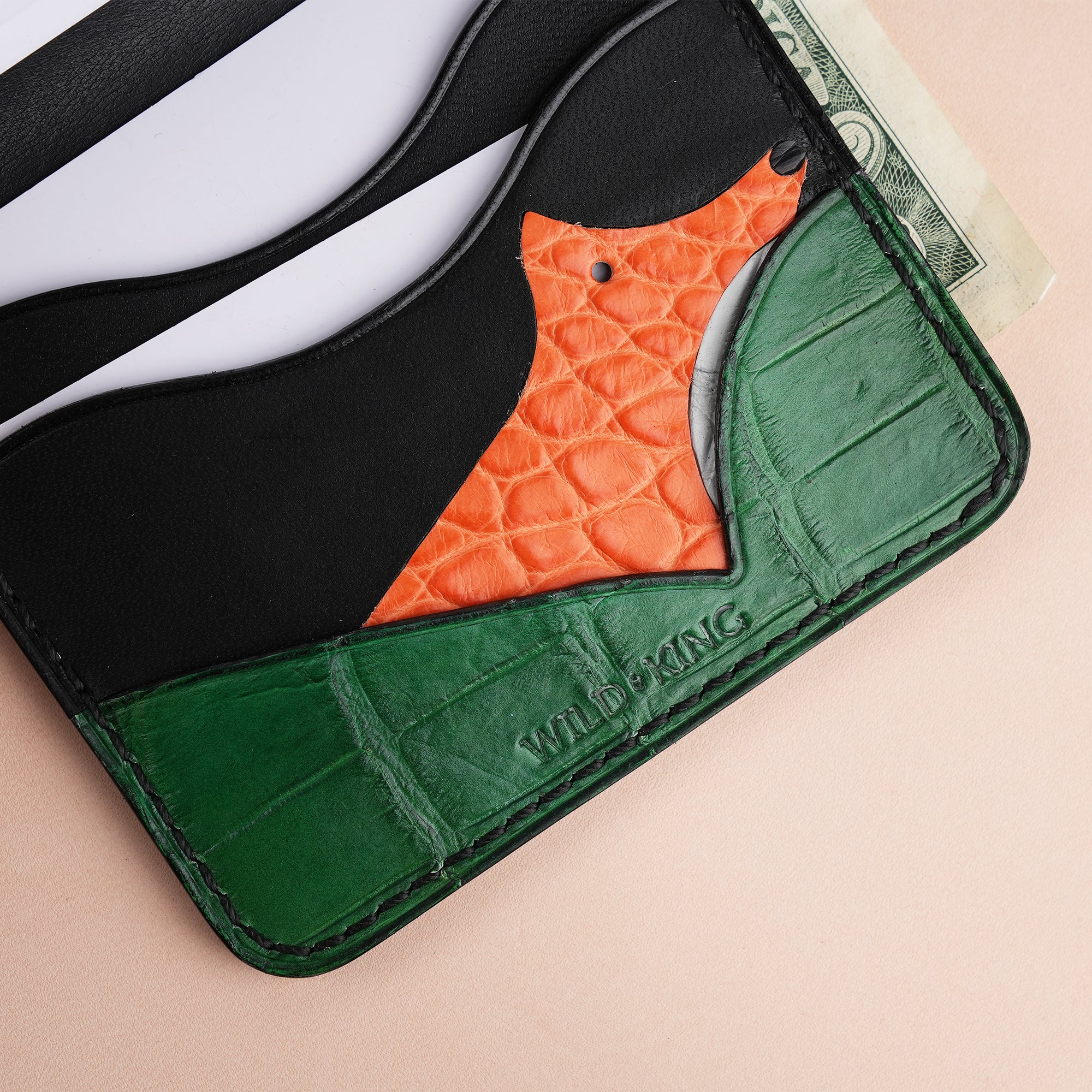 Black Lizard mix Alligator Leather Bifold Wallet - Fox Design