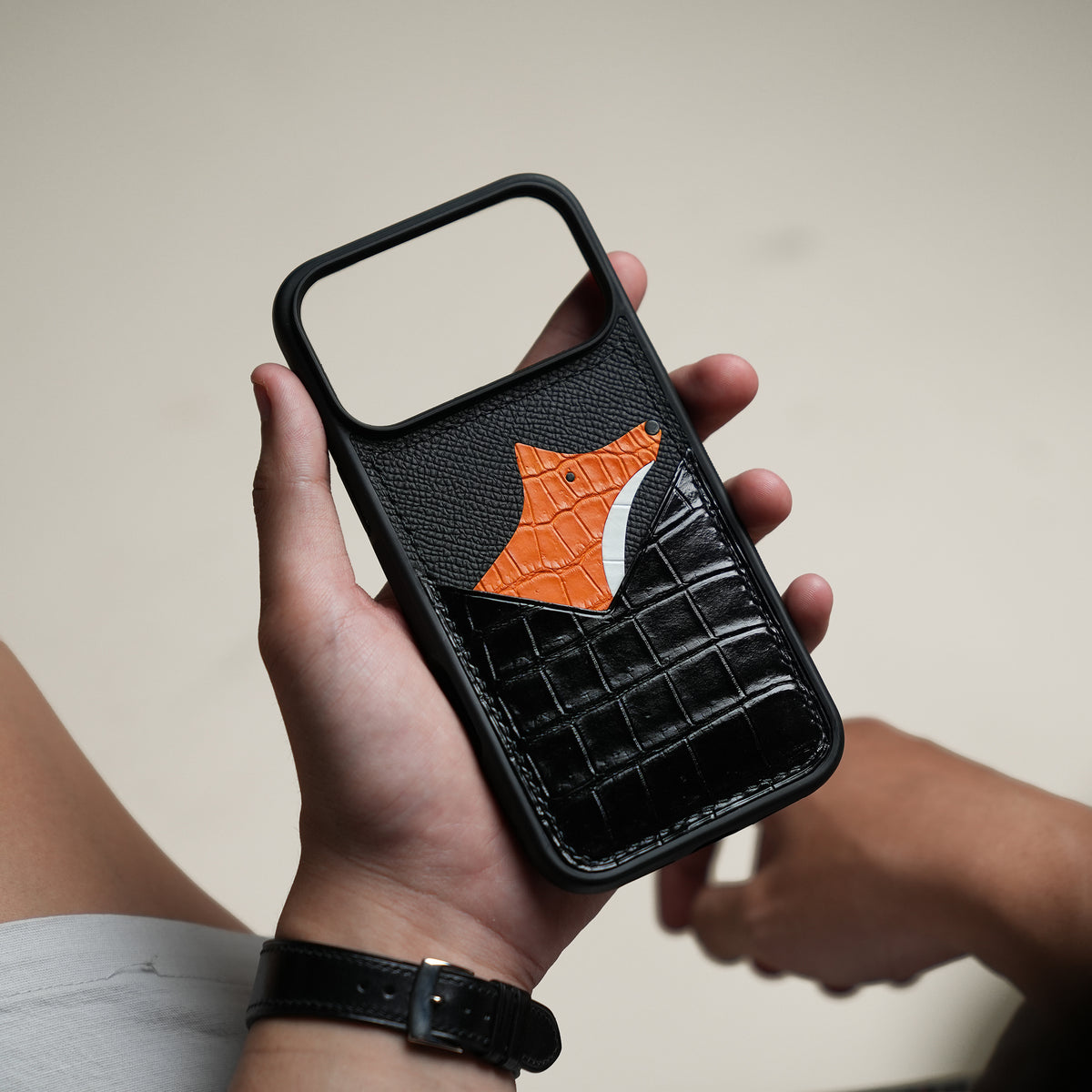 Black Crocodile Leather Phone Case with Card Holder - Fox Design