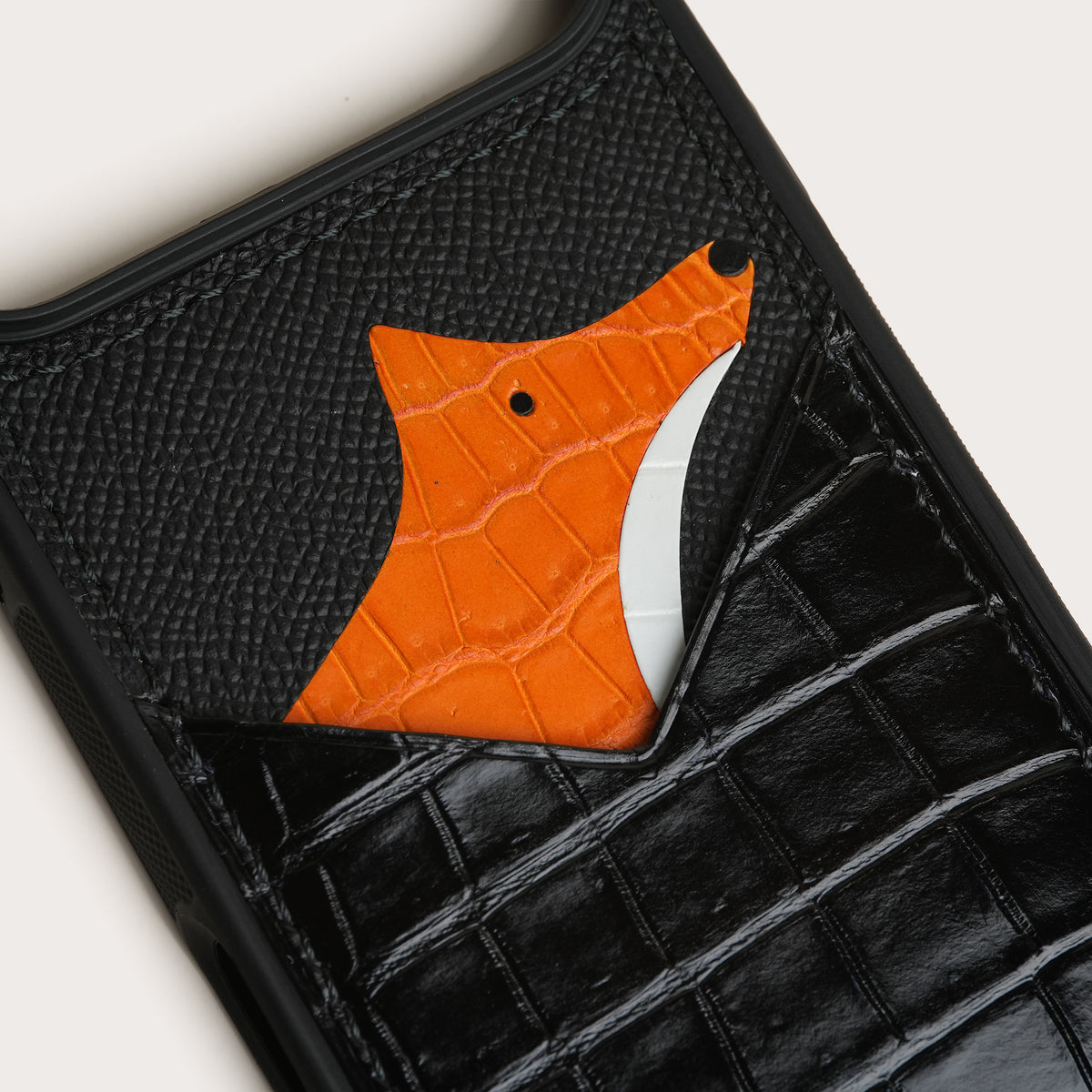 Black Crocodile Leather Phone Case with Card Holder - Fox Design
