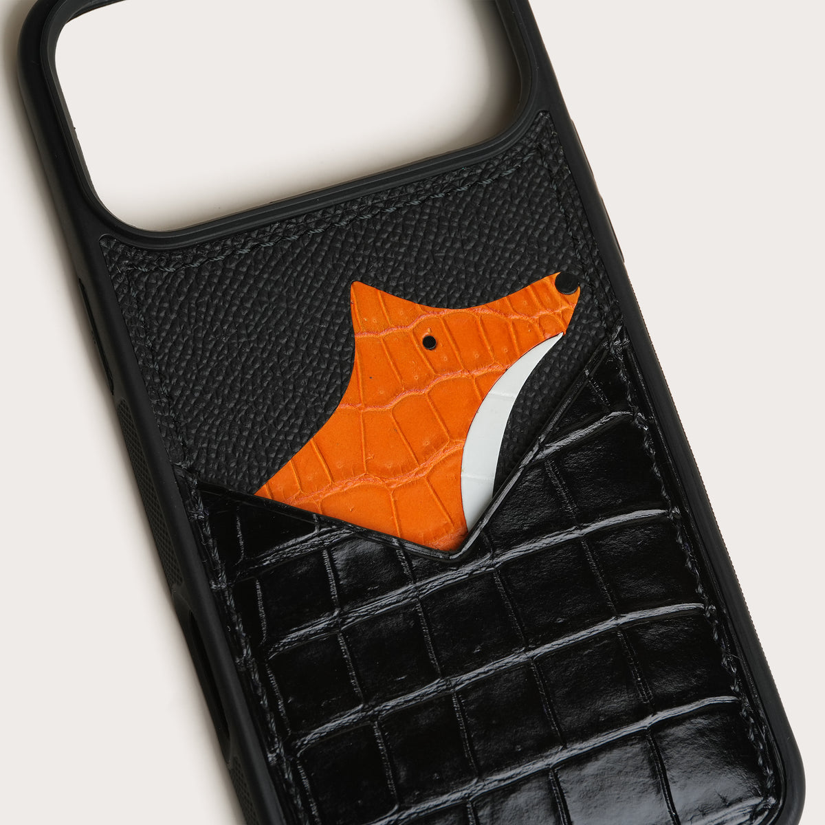 Black Crocodile Leather Phone Case with Card Holder - Fox Design