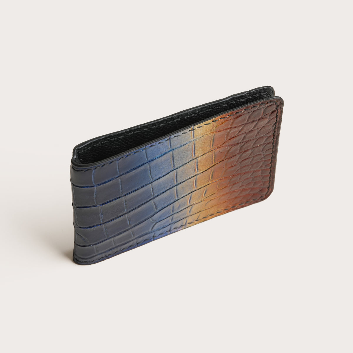Blue Crocodile Leather Bifold Money Clip - Dusk Patina