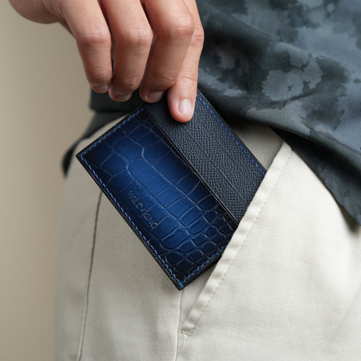 Blue Crocodile Leather Open Side Card Holder - Patina Finish