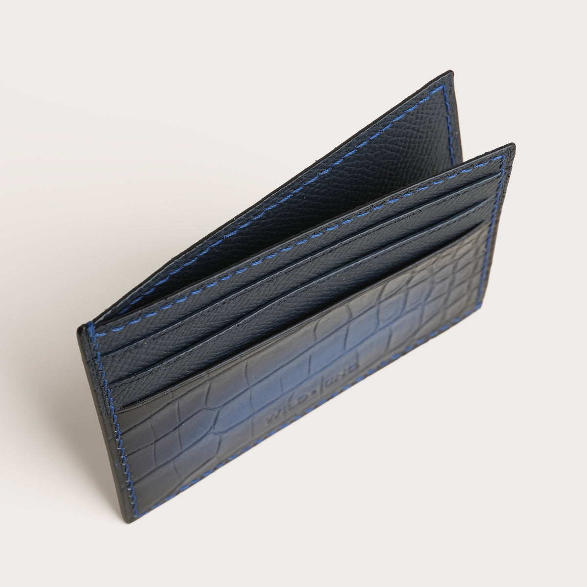 Blue Crocodile Leather Open Side Card Holder - Patina Finish