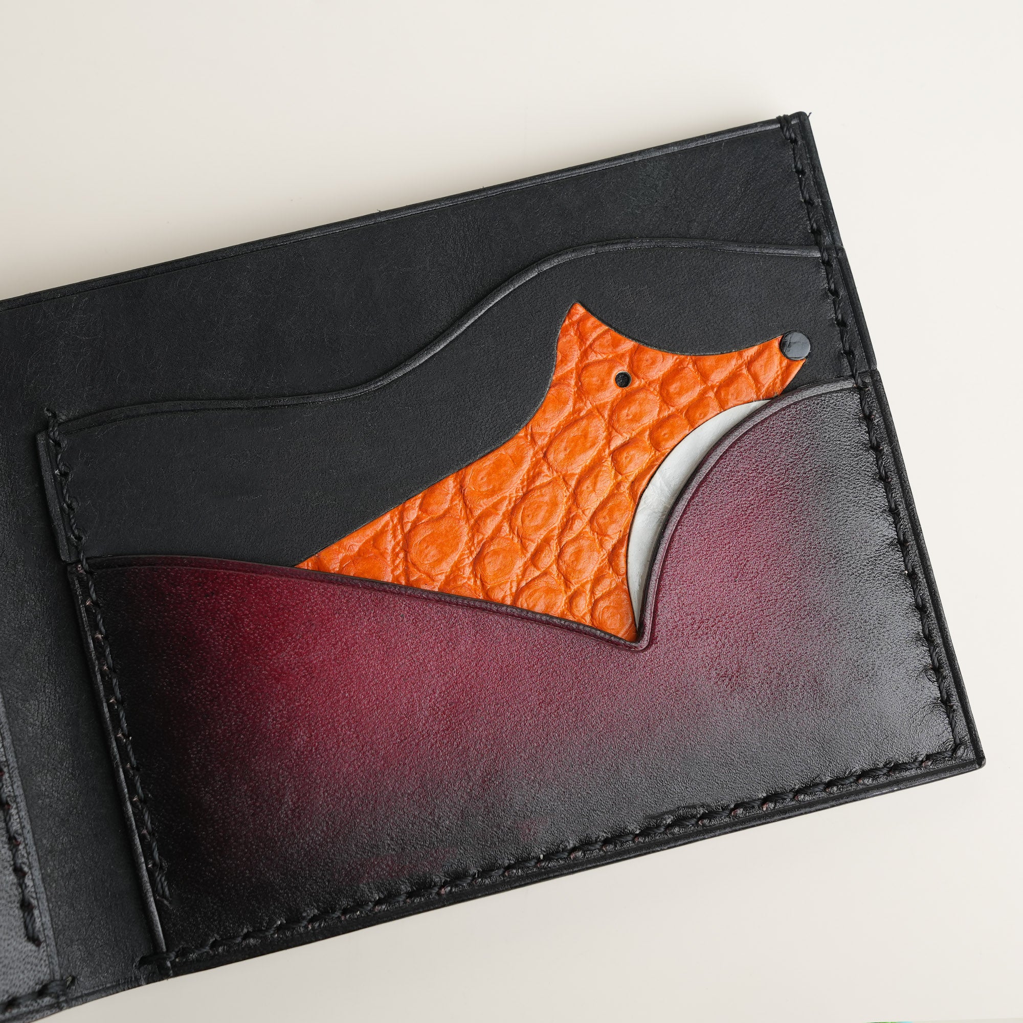 Bordeaux Leather Wing Bifold Wallet - Fox Design - Patina Finish