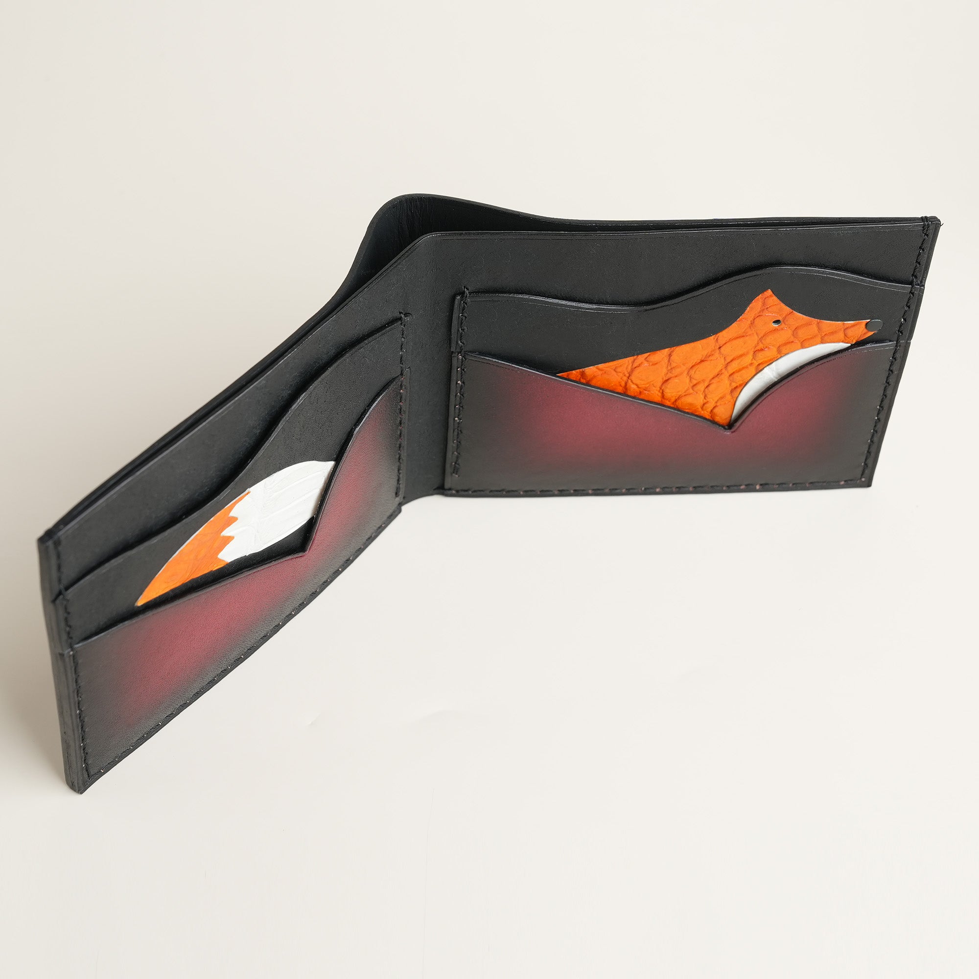Bordeaux Leather Wing Bifold Wallet - Fox Design - Patina Finish