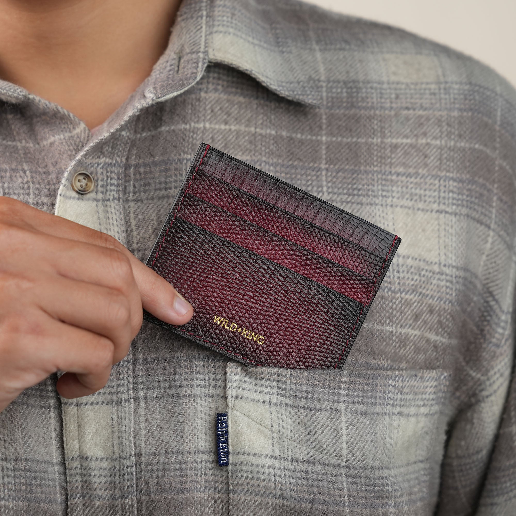 Bordeaux Lizard Leather Card Holder - Patina Finish
