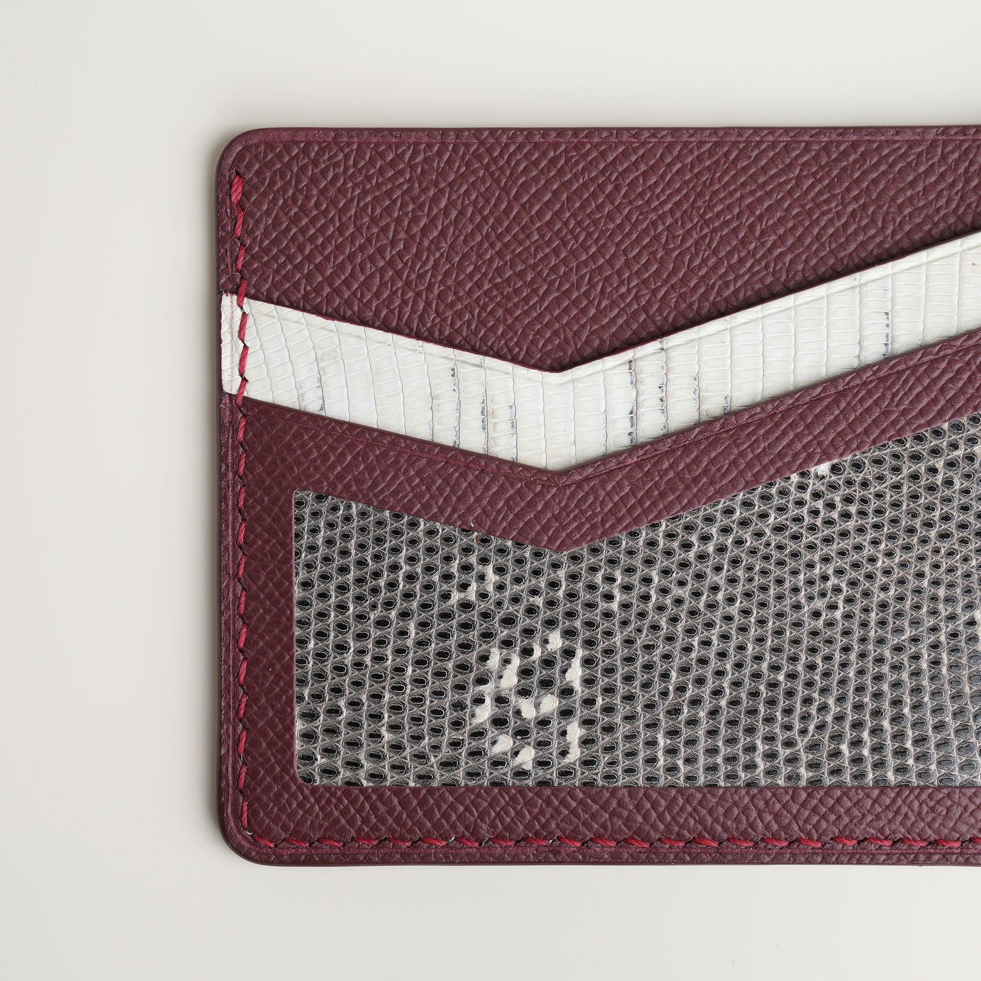 Burgundy Epsom mix Lizard Leather Card Holder - Natural Pattern