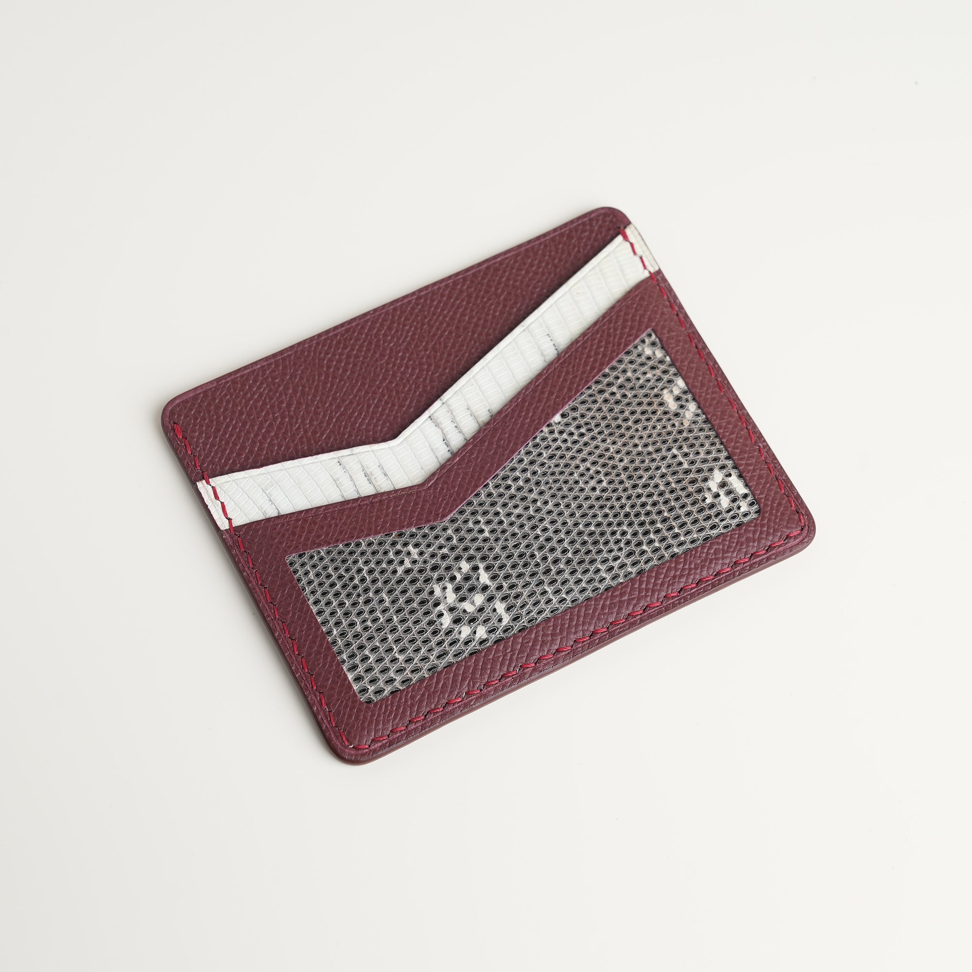 Burgundy Epsom mix Lizard Leather Card Holder - Natural Pattern