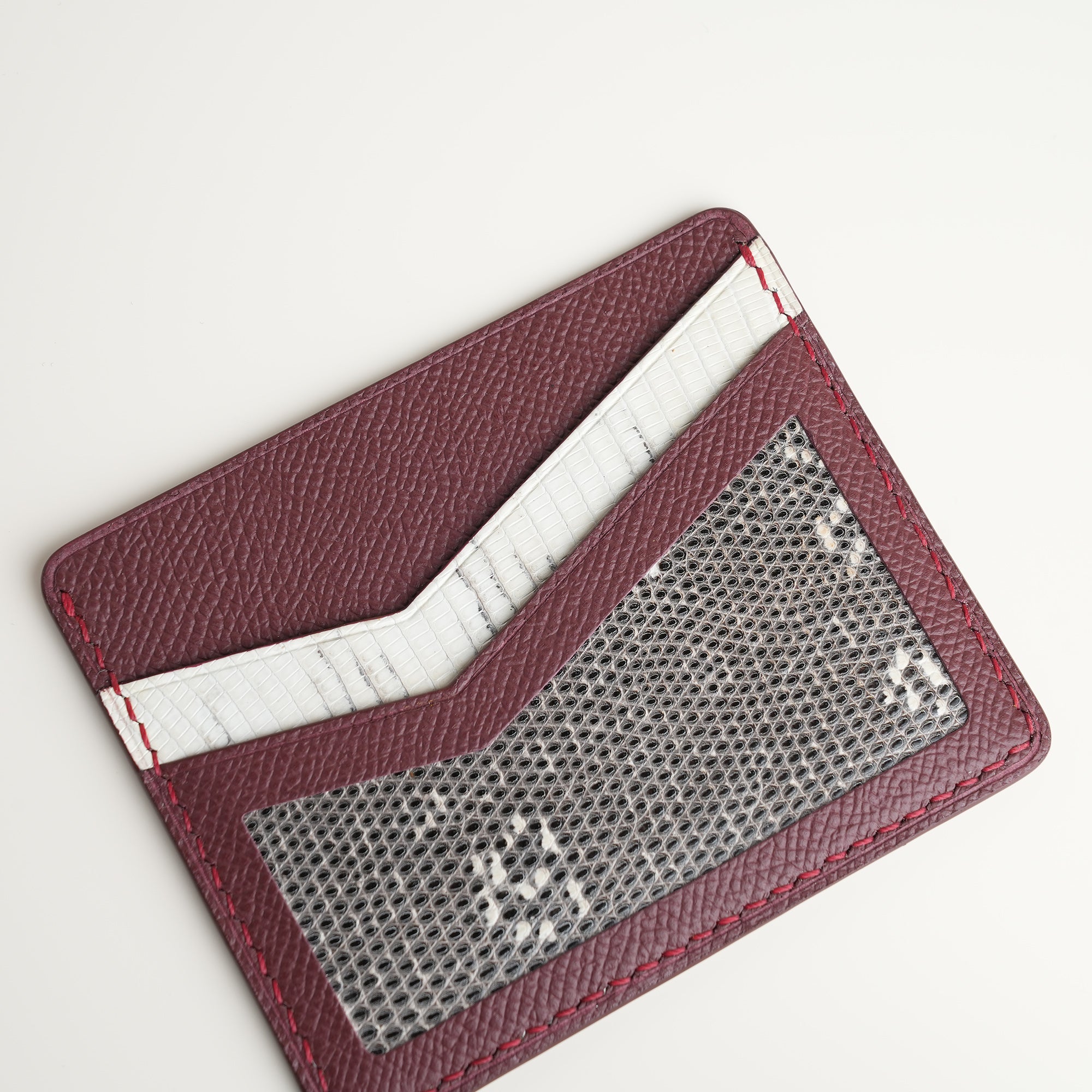 Burgundy Epsom mix Lizard Leather Card Holder - Natural Pattern