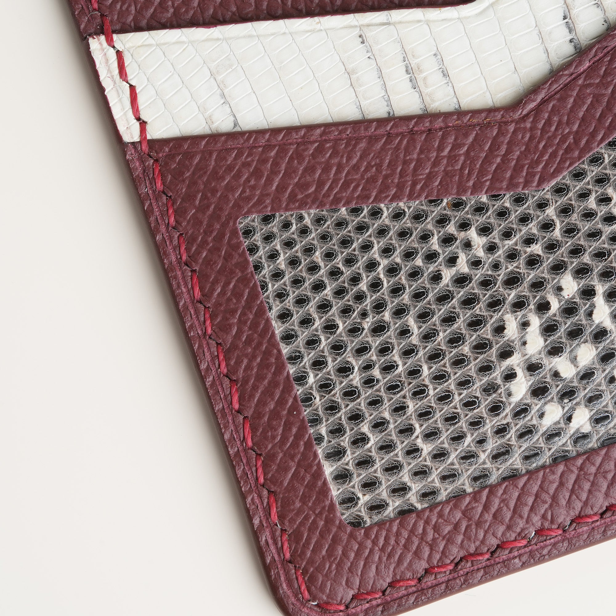 Burgundy Epsom mix Lizard Leather Card Holder - Natural Pattern