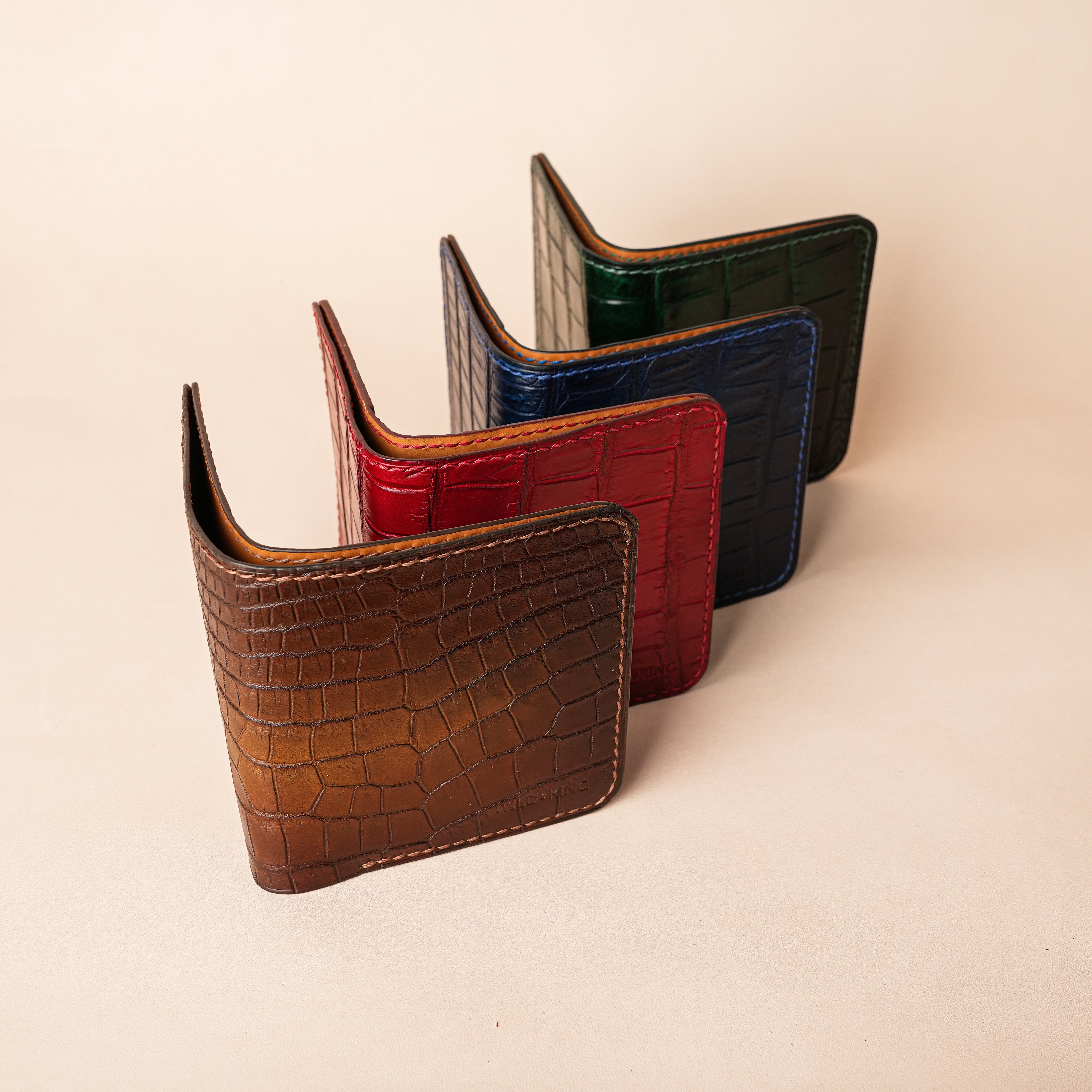 Square Shape Brown Crocodile Leather Bifold Wallet - Patina Finish