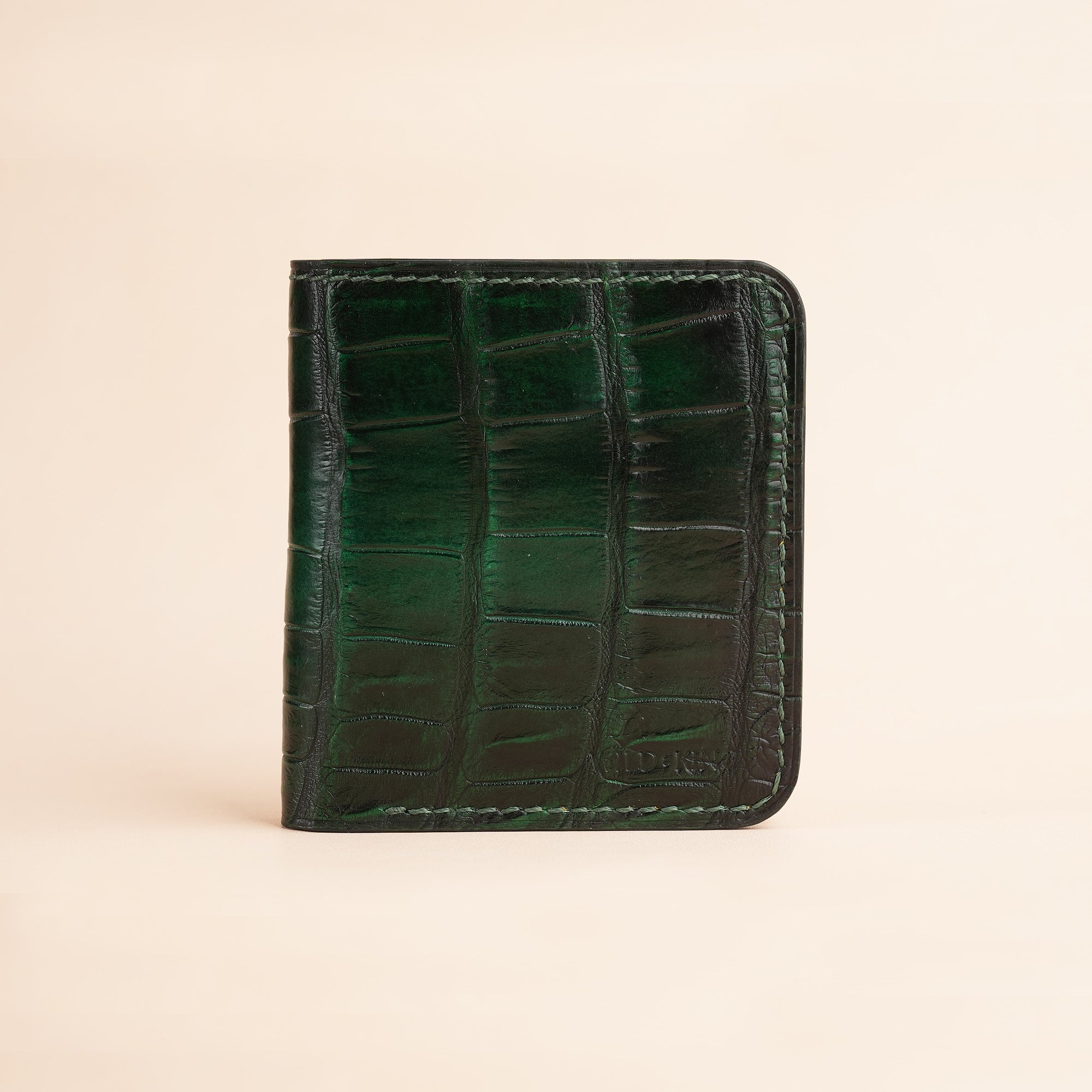 Square Shape Green Crocodile Leather Bifold Wallet - Patina Finish