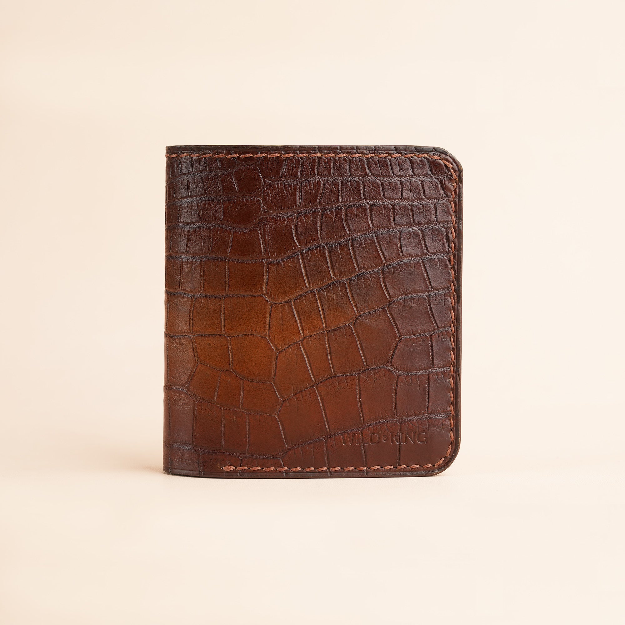 Square Shape Brown Crocodile Leather Bifold Wallet - Patina Finish