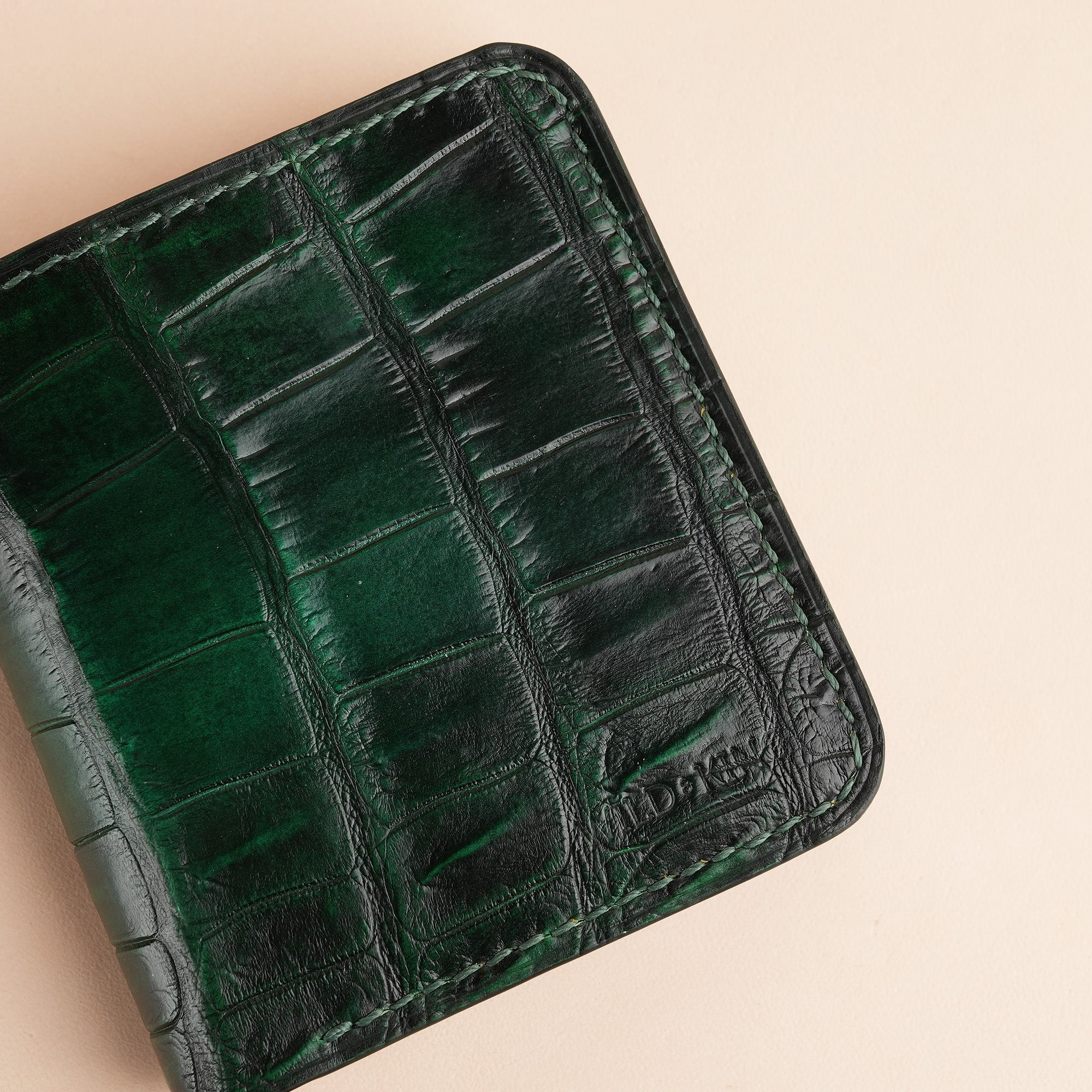 Square Shape Green Crocodile Leather Bifold Wallet - Patina Finish