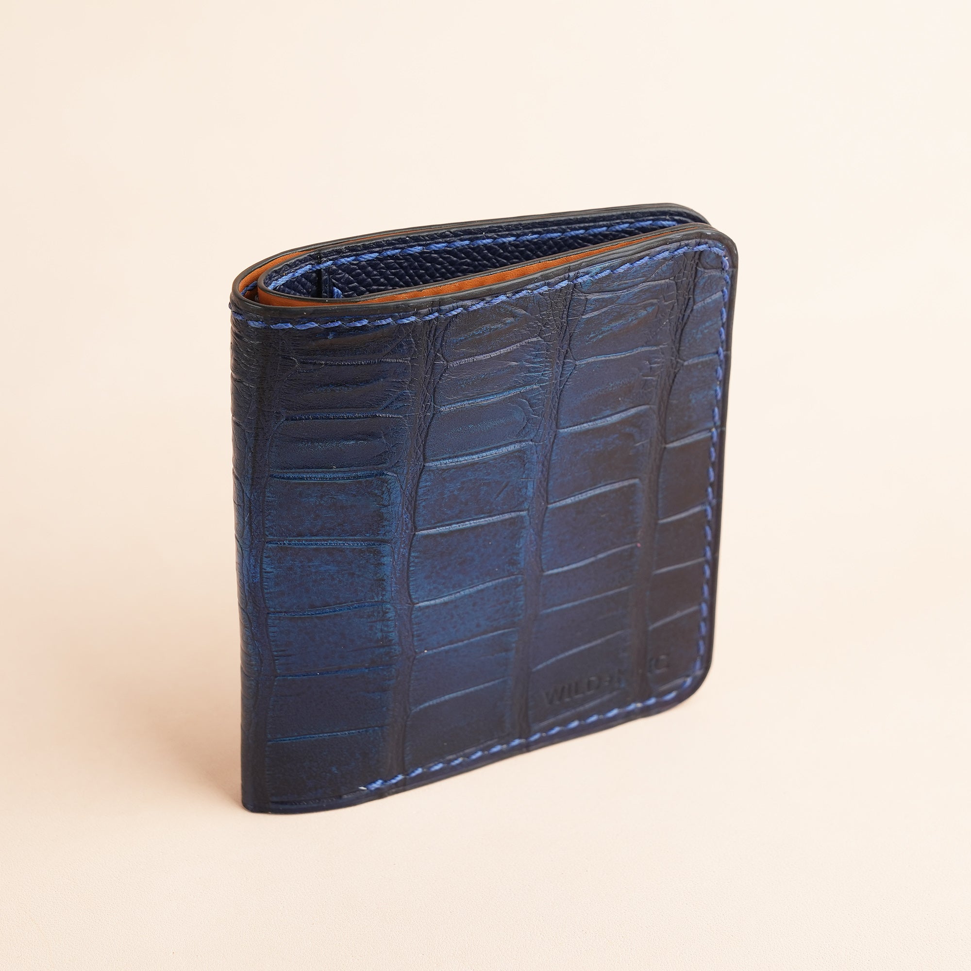 Square Shape Navy Crocodile Leather Bifold Wallet - Patina Finish