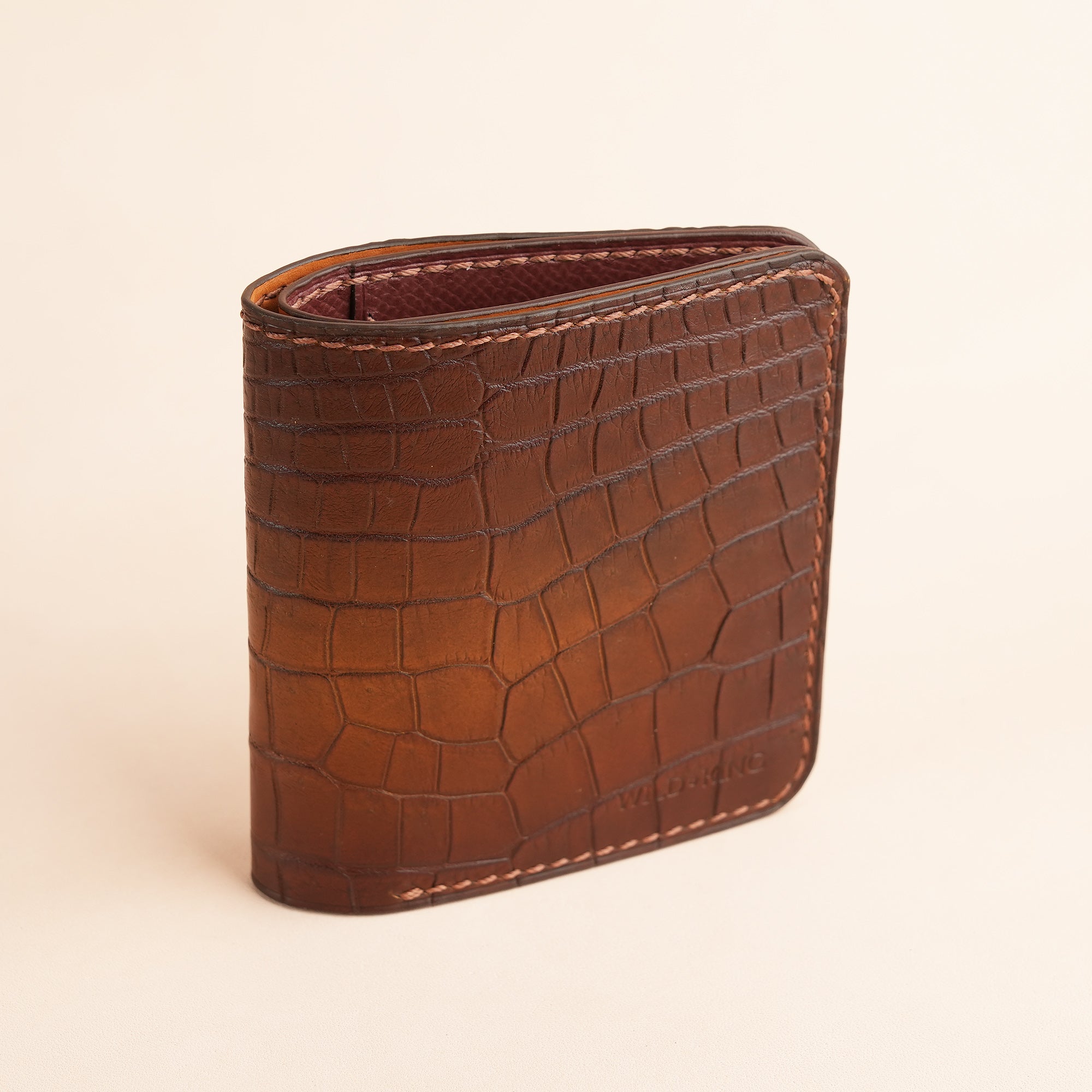 Square Shape Brown Crocodile Leather Bifold Wallet - Patina Finish