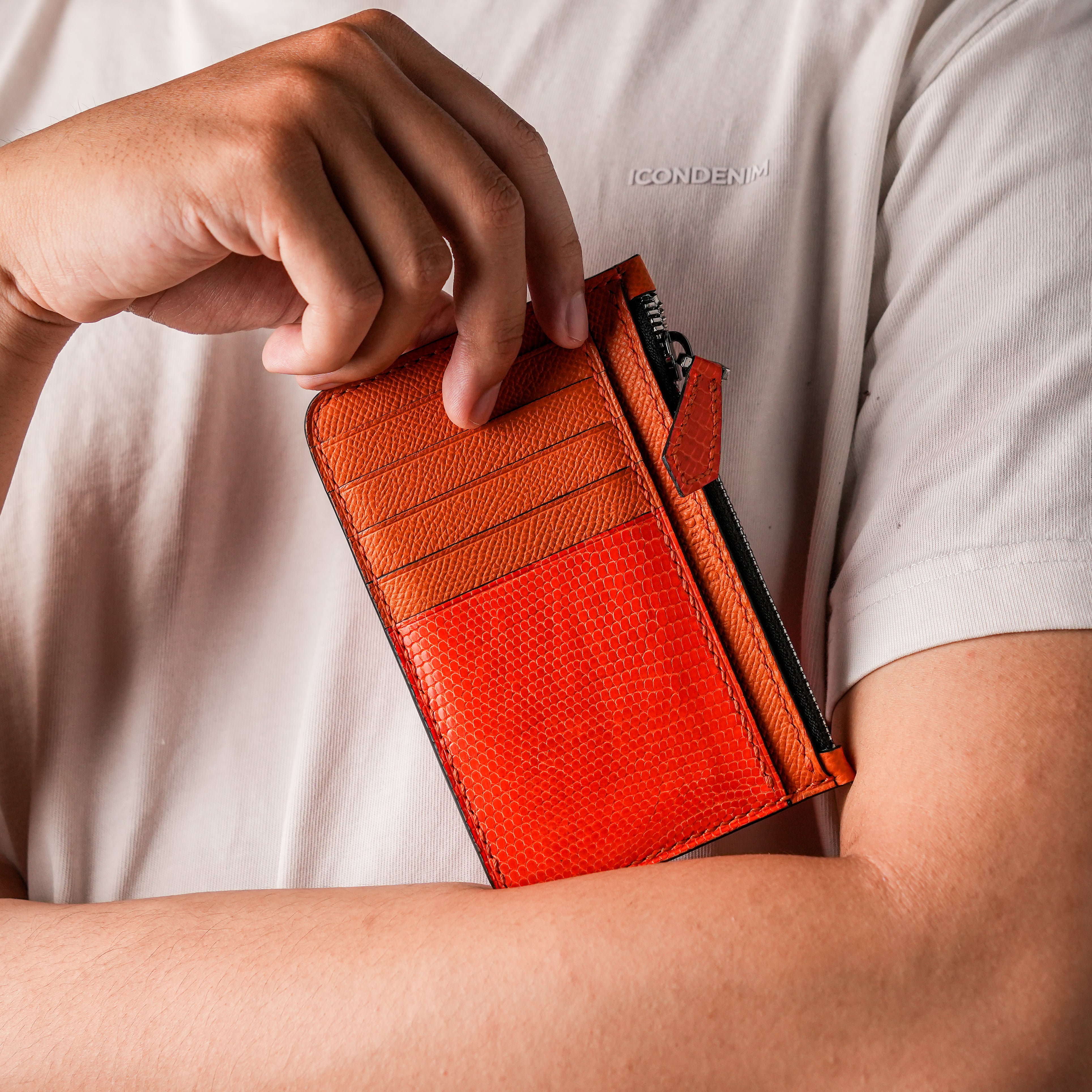 Black Epsom Leather Mix Orange Lizard Leather Zipper Wallet - Extra