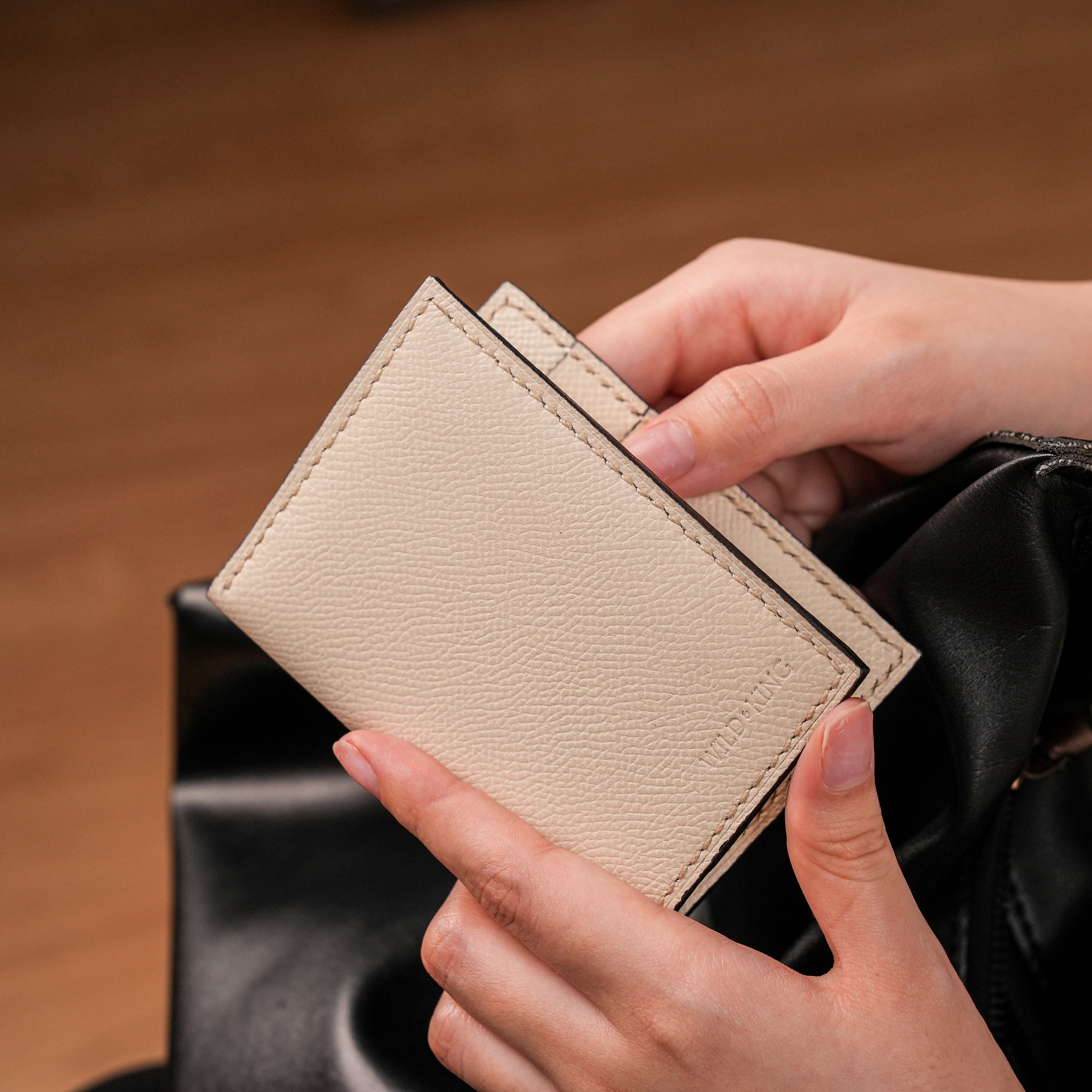 Minimalist Beige Epsom Leather Bifold Wallet