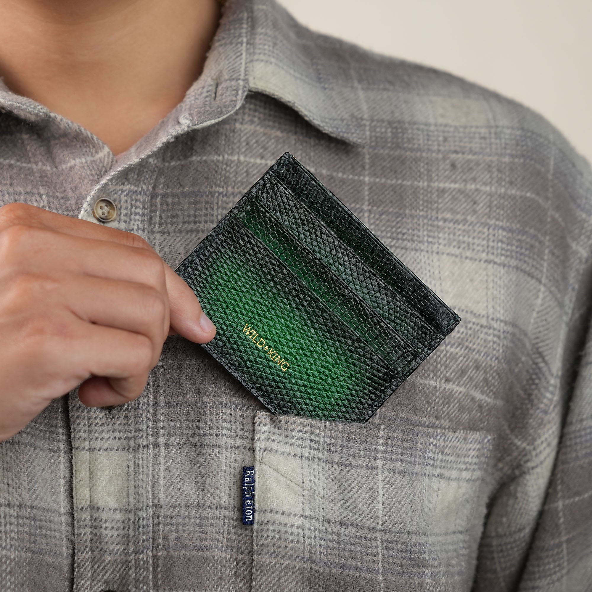 Dark Green Lizard Leather Card Holder - Patina Finish