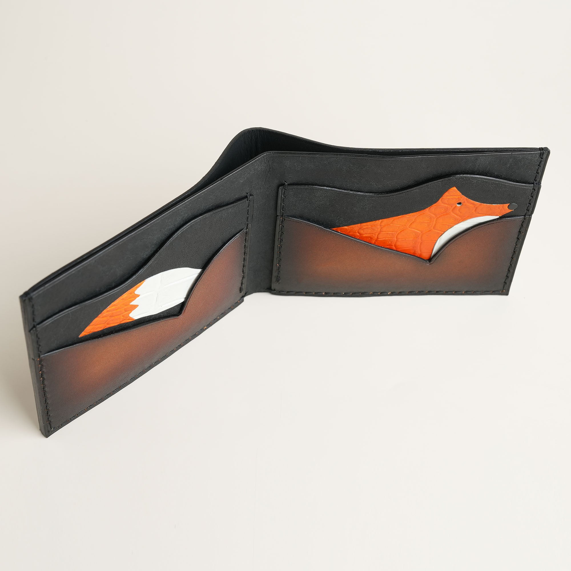 Dark Brown Leather Wing Bifold Wallet - Fox Design - Patina Finish