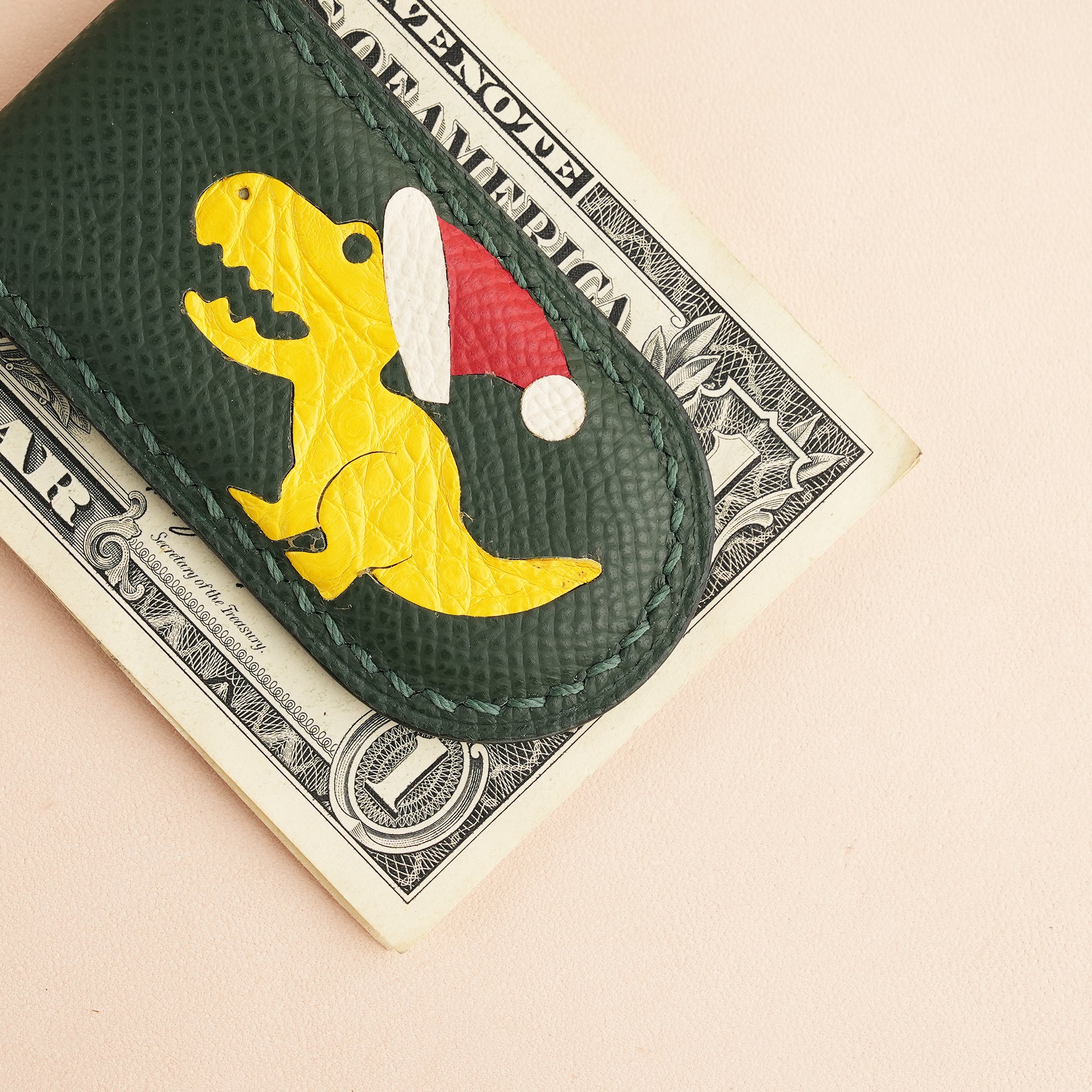 Christmas Epsom Leather Money Clip - Dinosaur
