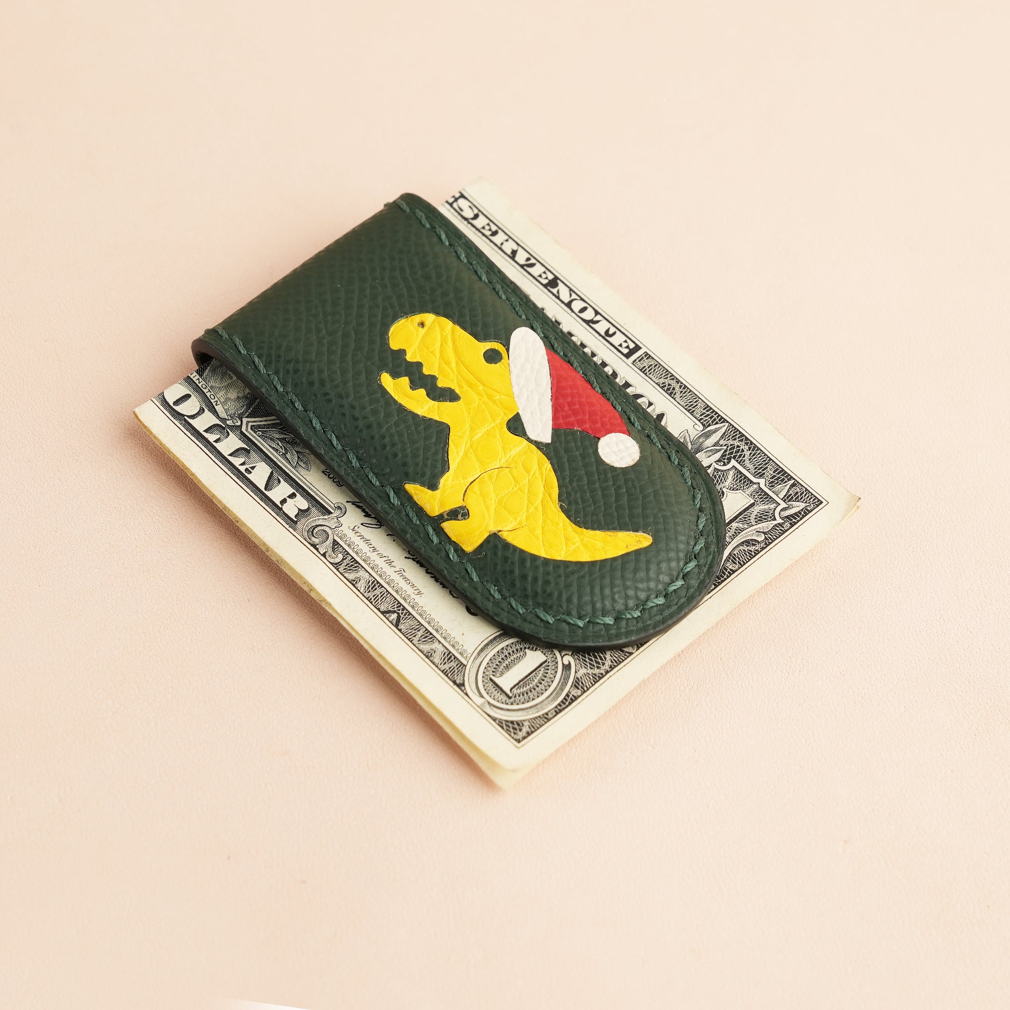 Christmas Epsom Leather Money Clip - Dinosaur