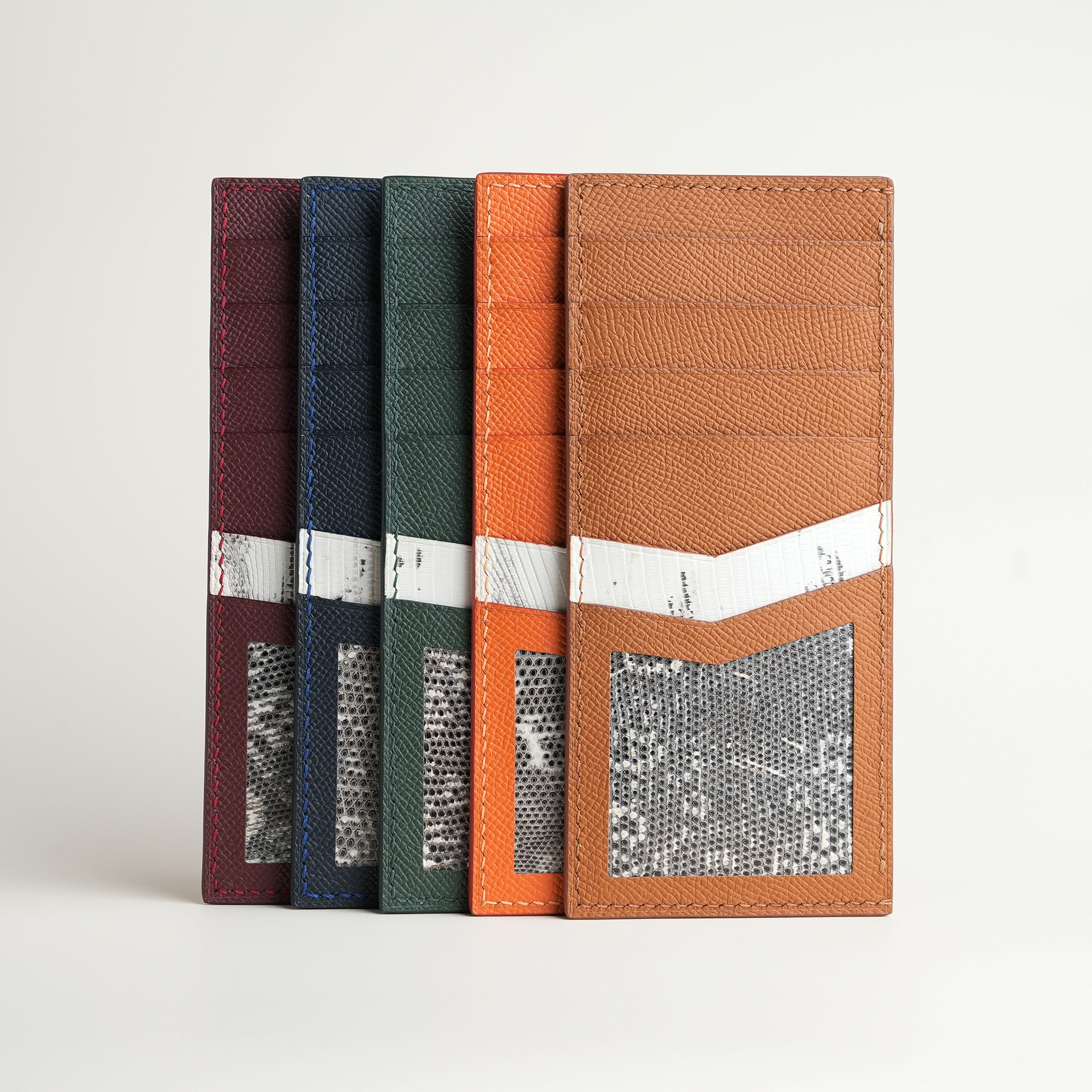 Burgundy Epsom mix Lizard Leather Vertical Card Holder - Natural Pattern