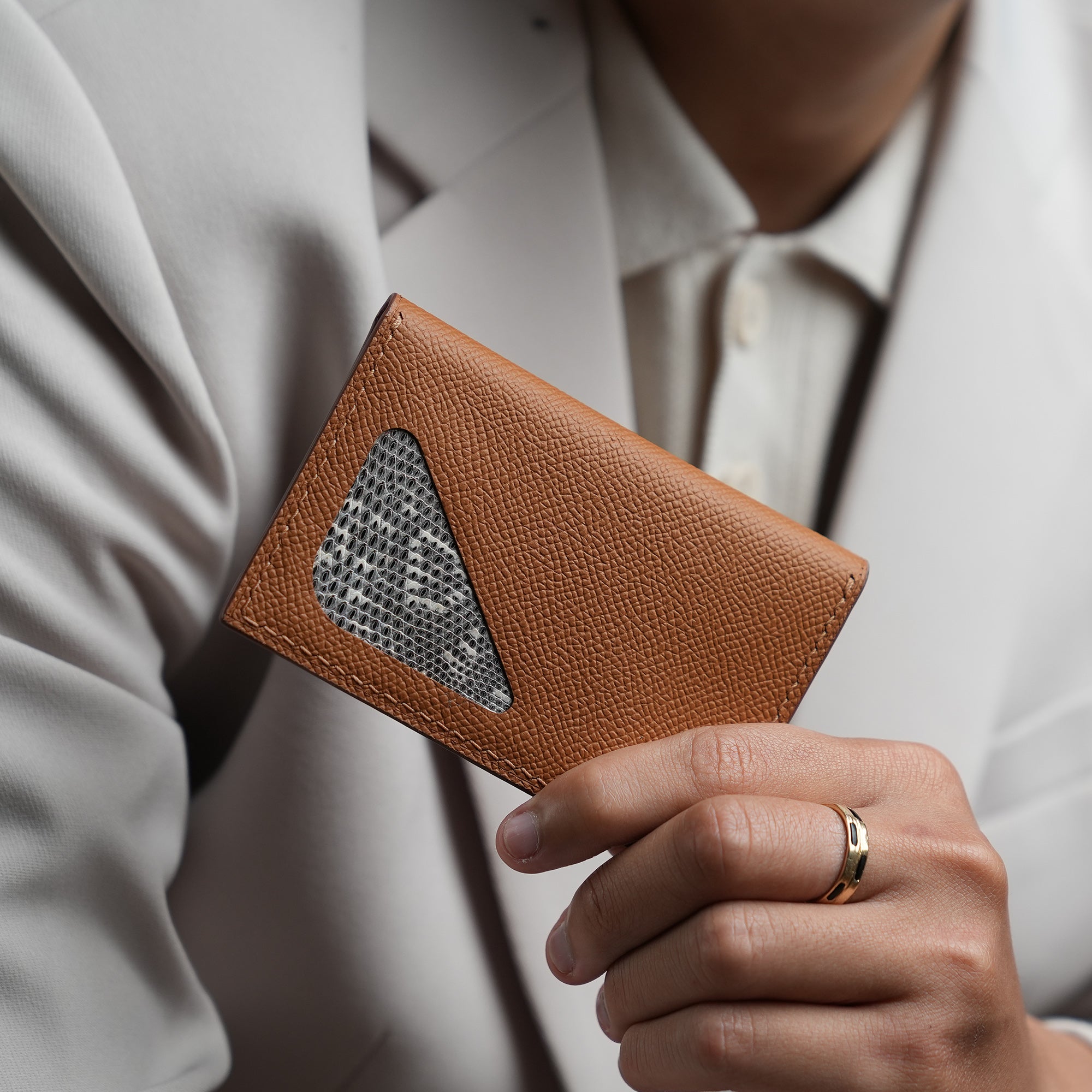 Golden Epsom mix Lizard Leather Bifold Wallet - Natural Pattern
