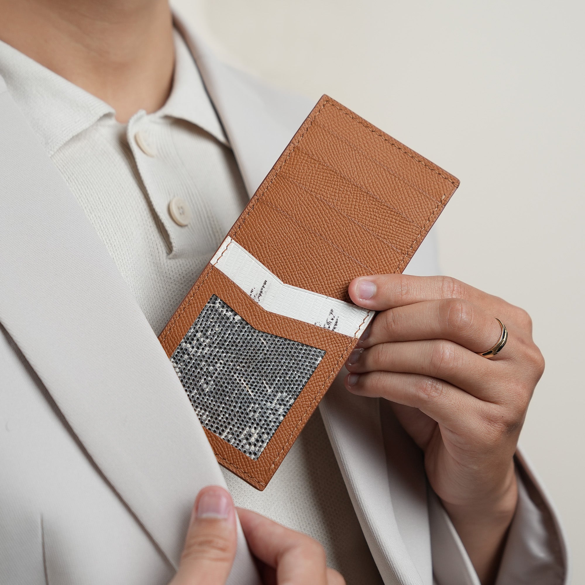 Golden Epsom mix Lizard Leather Vertical Card Holder - Natural Pattern