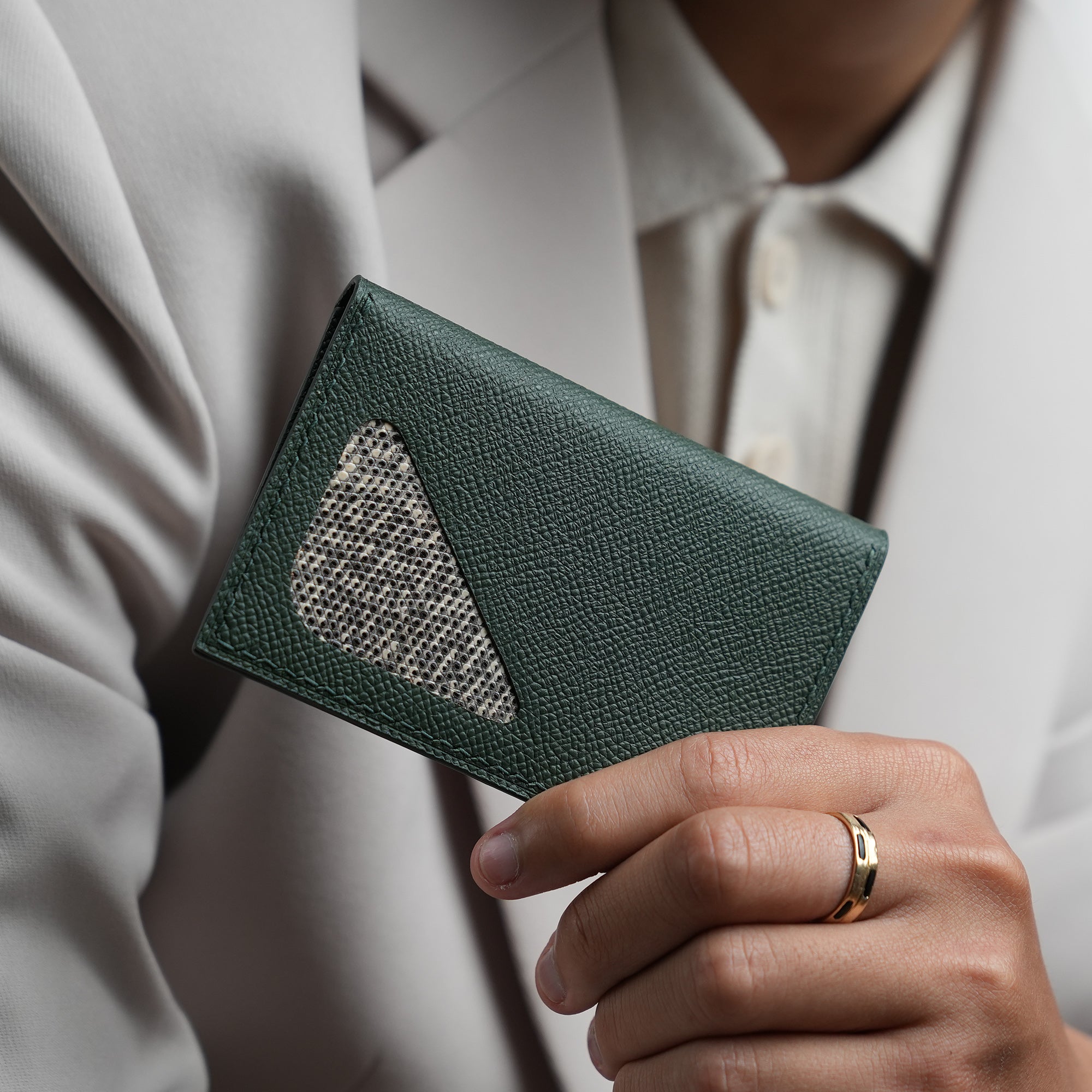 Green Epsom mix Lizard Leather Bifold Wallet - Natural Pattern