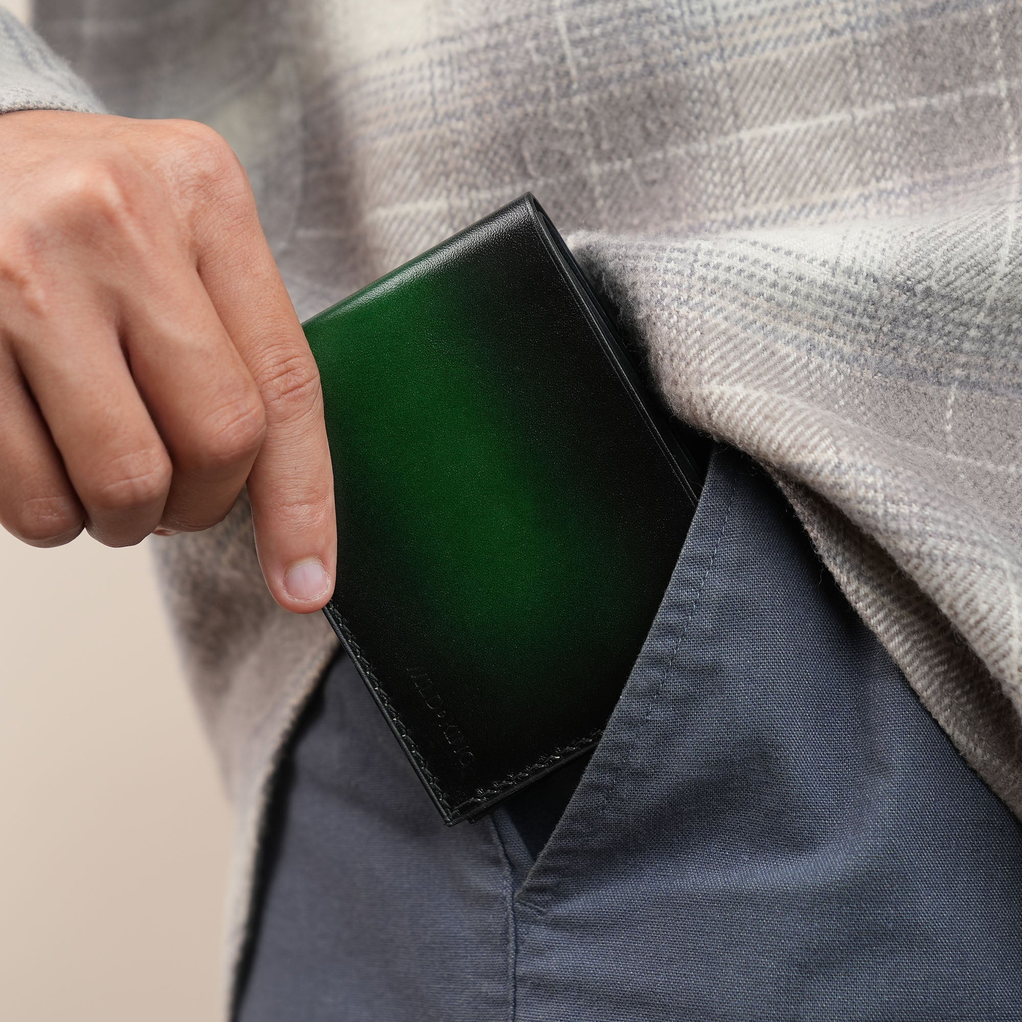 Green Leather Wing Bifold Wallet - Fox Design - Patina Finish