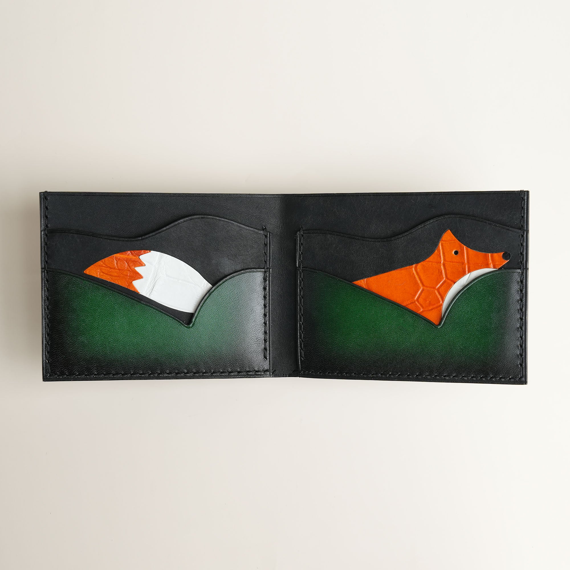 Green Leather Wing Bifold Wallet - Fox Design - Patina Finish