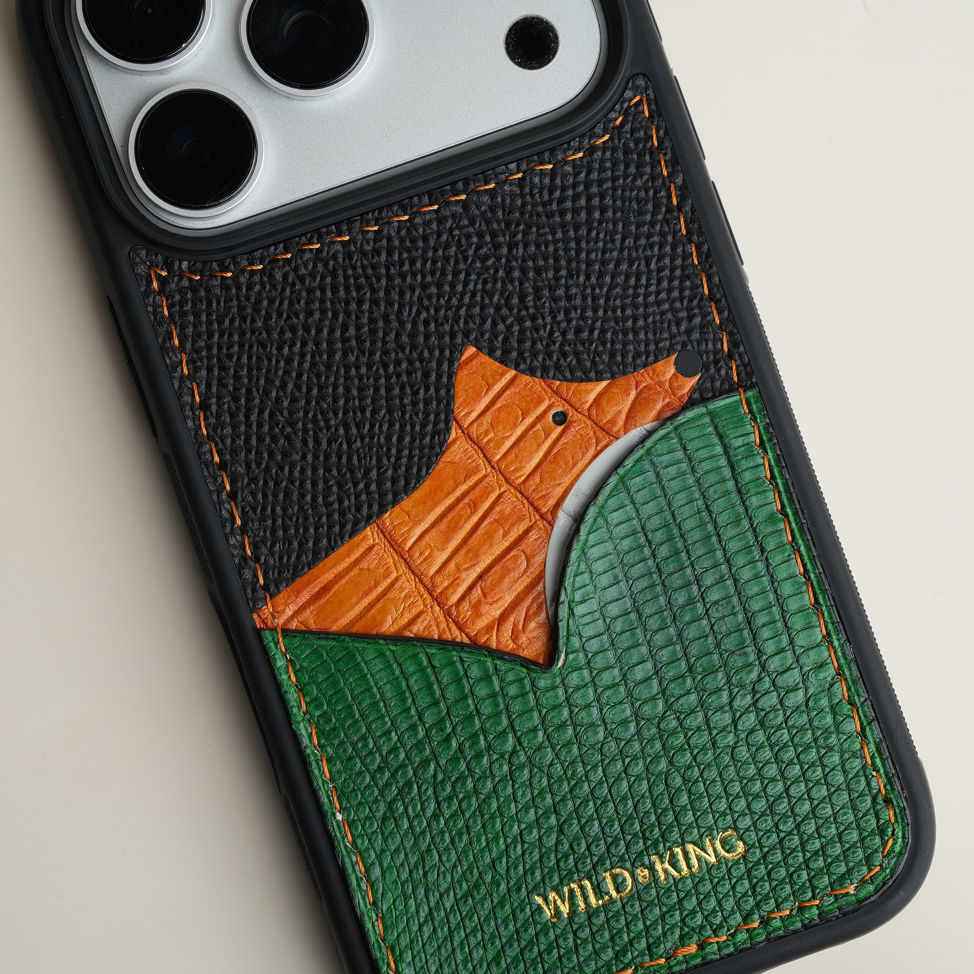 Green Lizard Leather Iphone Case with Card Holder - Fox Design
