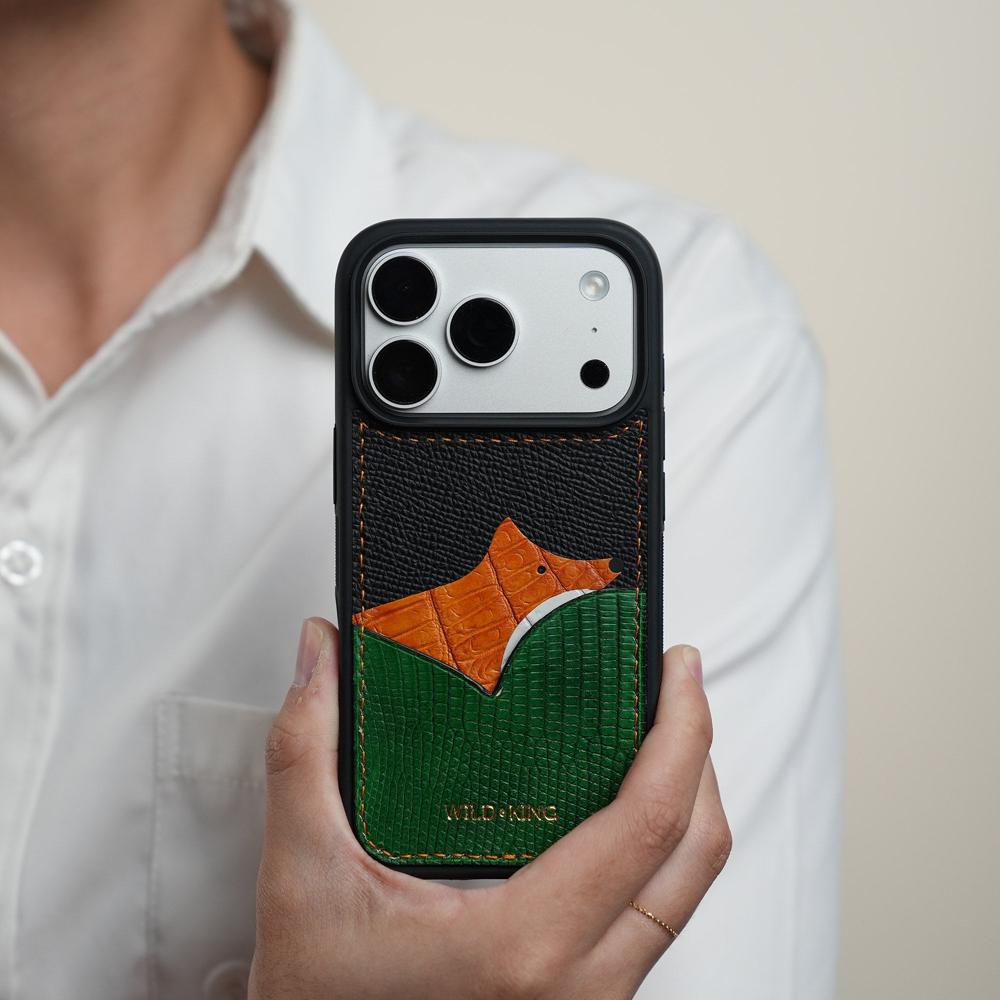 Green Lizard Leather Iphone Case with Card Holder - Fox Design