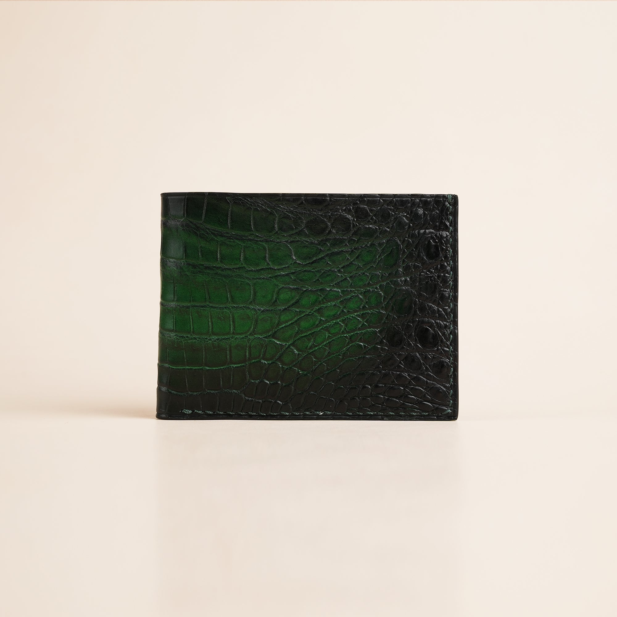 Green Crocodile Leather Wing Bifold Wallet - Fox Design - Patina Finish