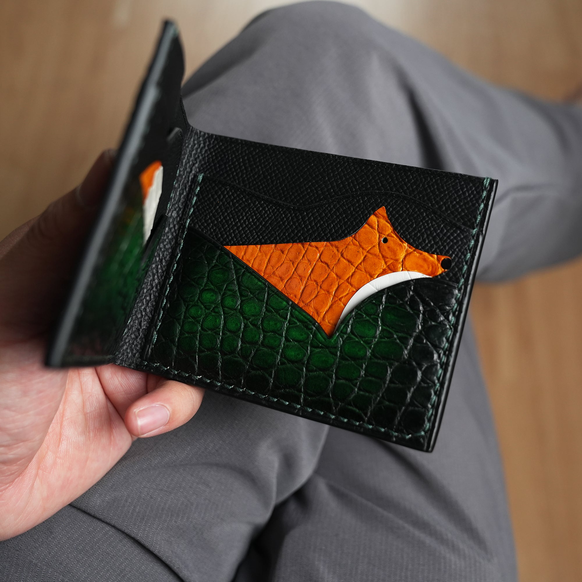 Green Crocodile Leather Wing Bifold Wallet - Fox Design - Patina Finish
