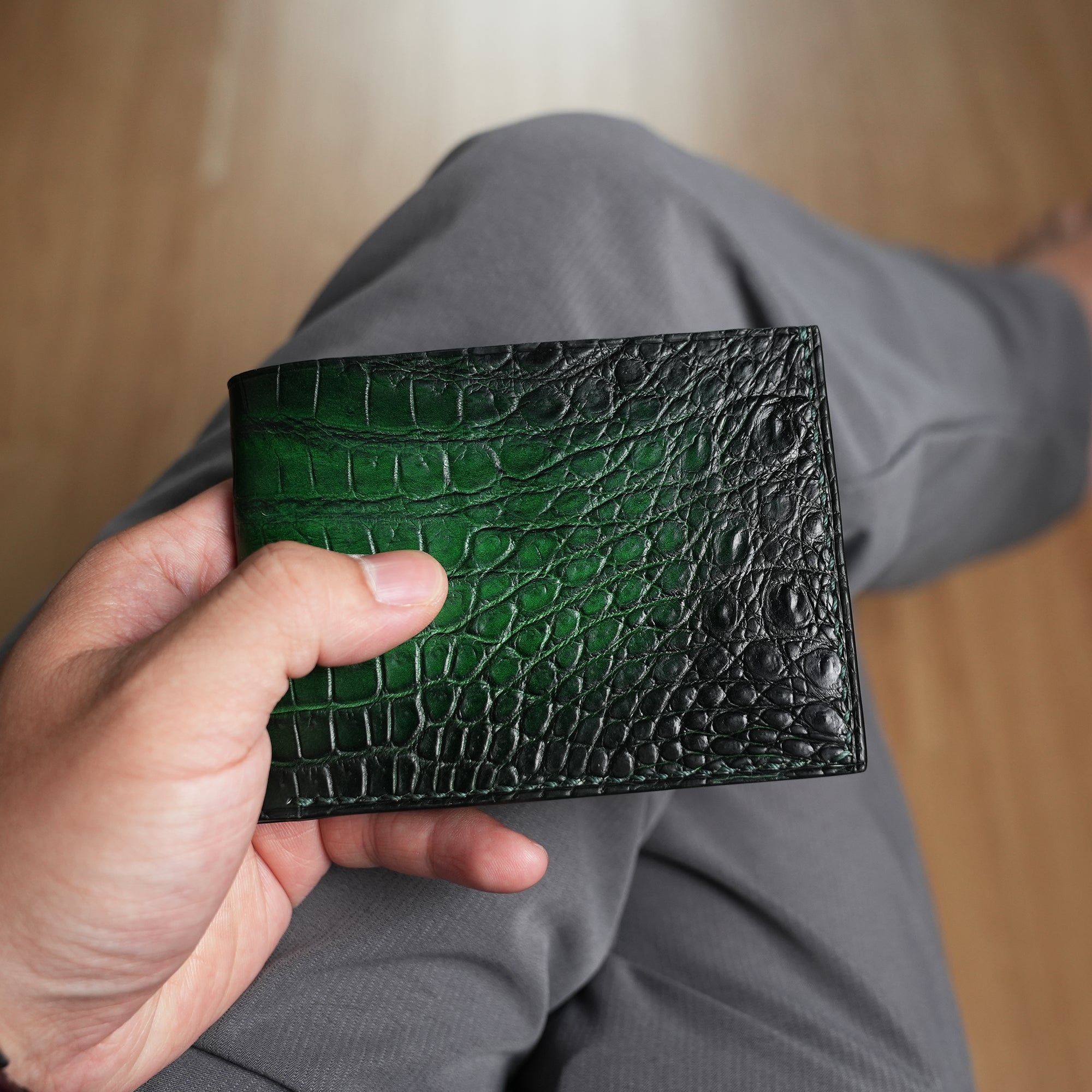 Green Crocodile Leather Wing Bifold Wallet - Fox Design - Patina Finish