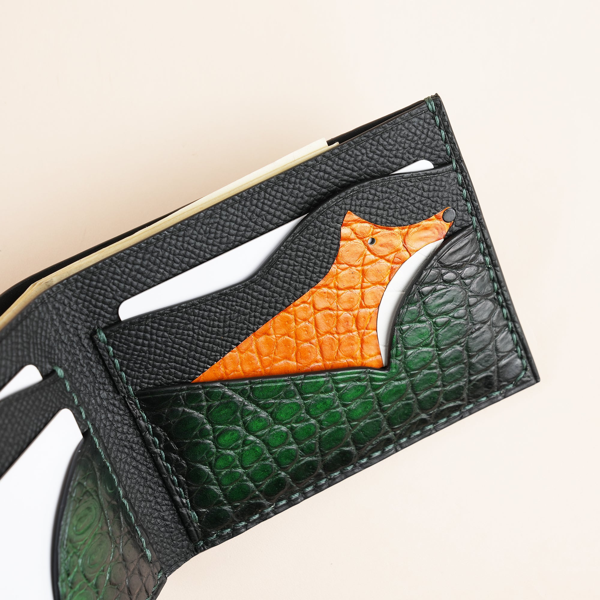Green Crocodile Leather Wing Bifold Wallet - Fox Design - Patina Finish