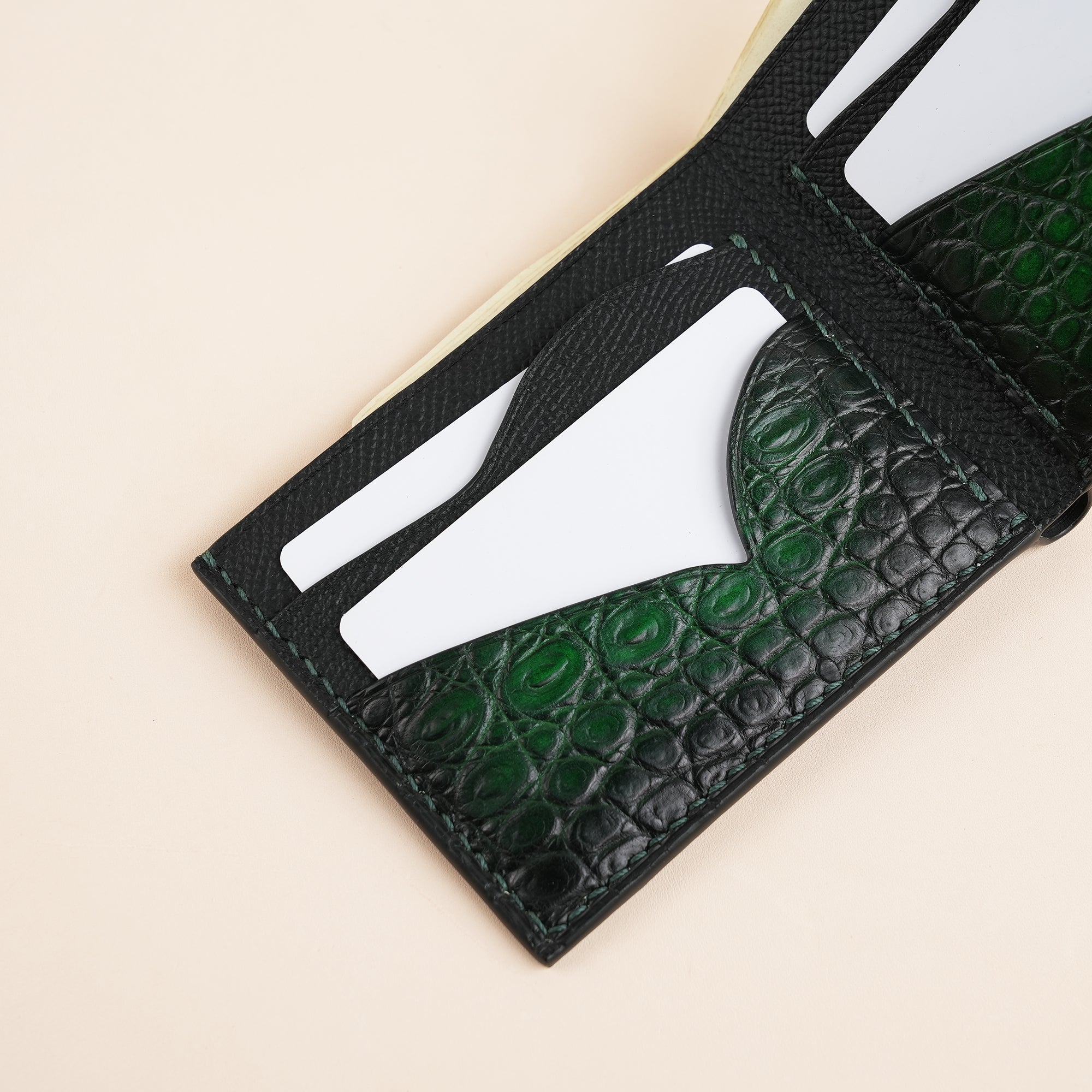 Green Crocodile Leather Wing Bifold Wallet - Fox Design - Patina Finish