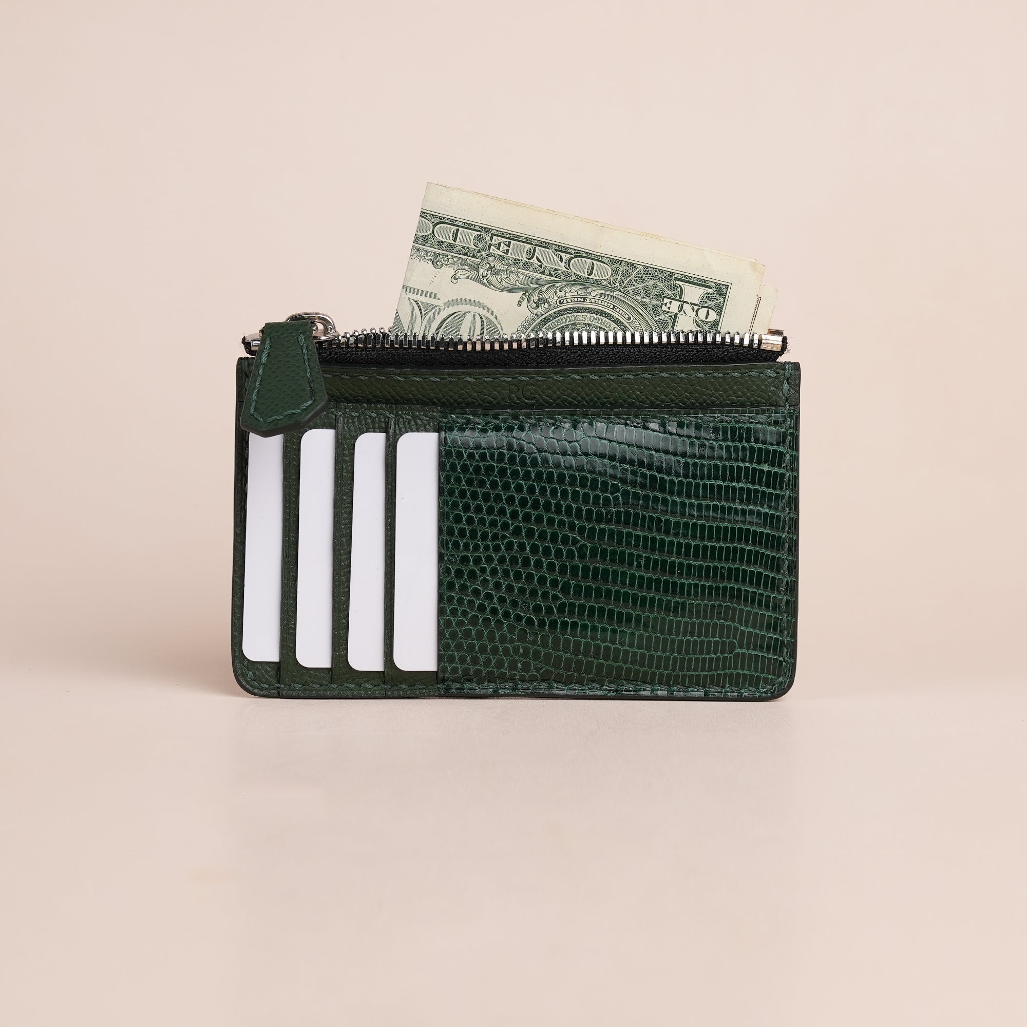 Green Lizard Leather Zipper Wallet