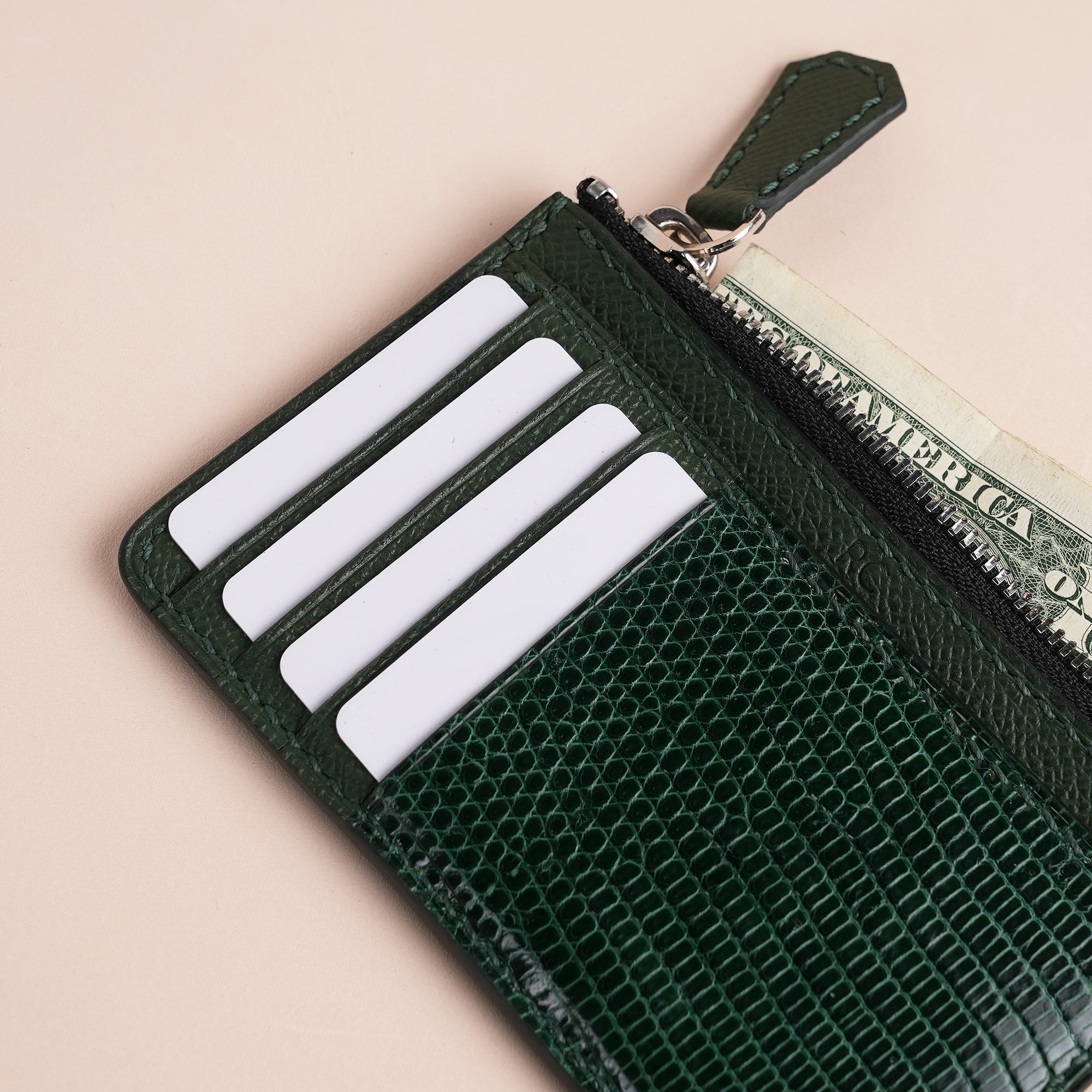 Green Lizard Leather Zipper Wallet