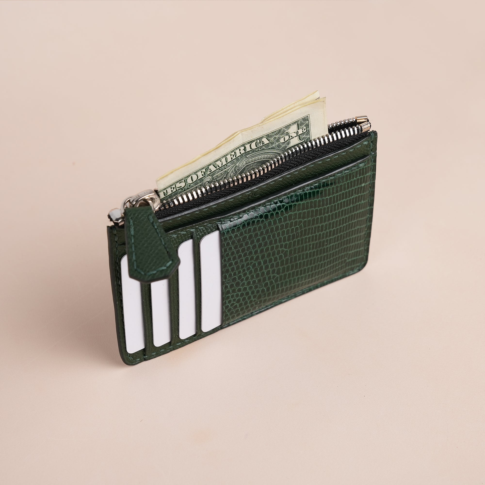 Green Lizard Leather Zipper Wallet