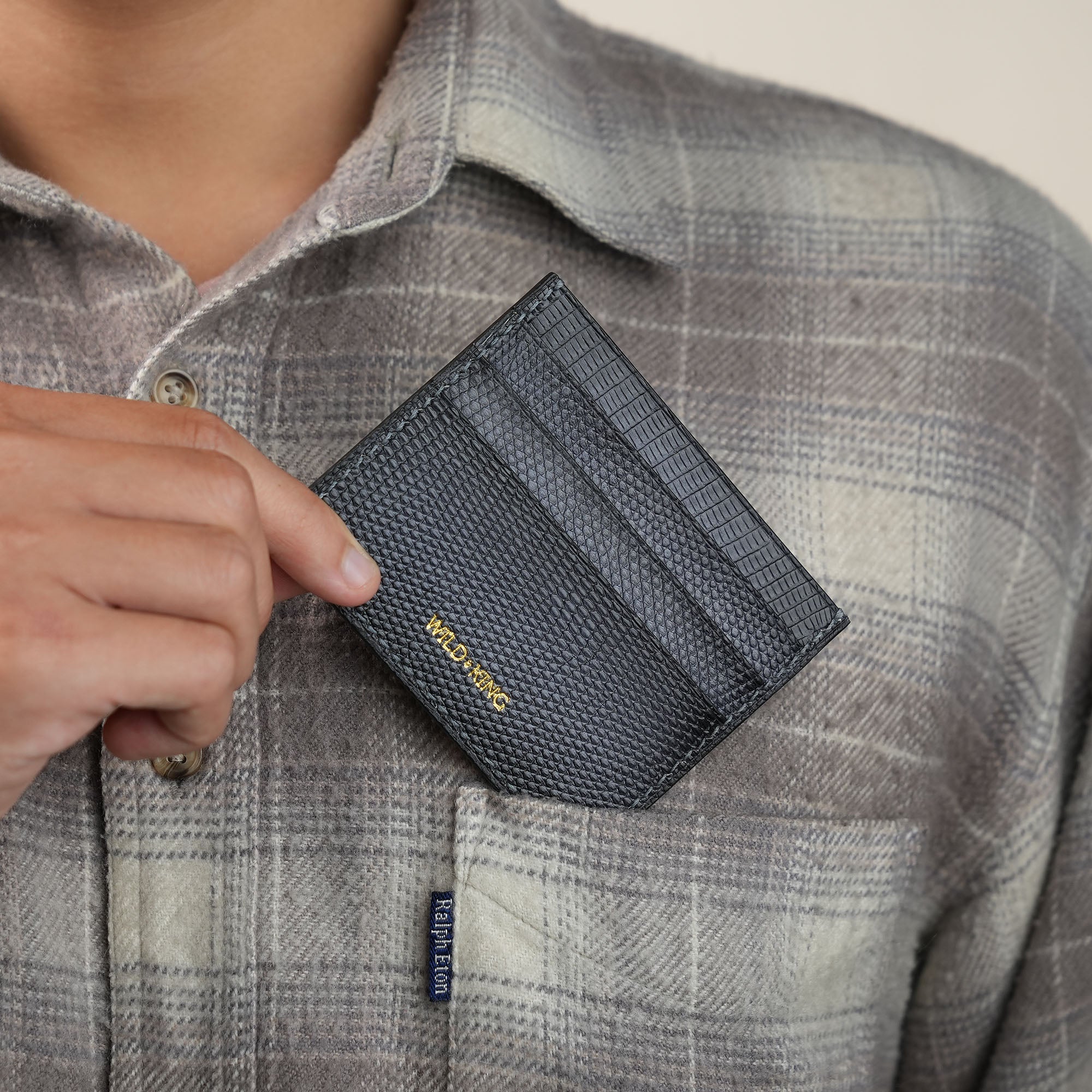 Grey Lizard Leather Card Holder - Patina Finish