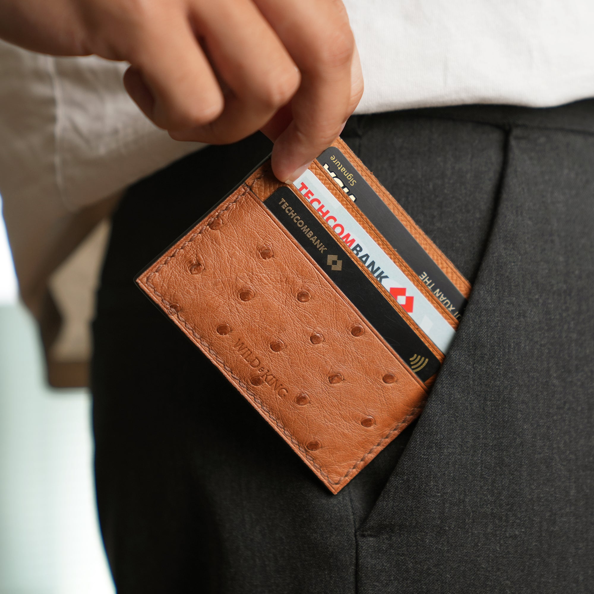 Navy Ostrich Leather Card Holder