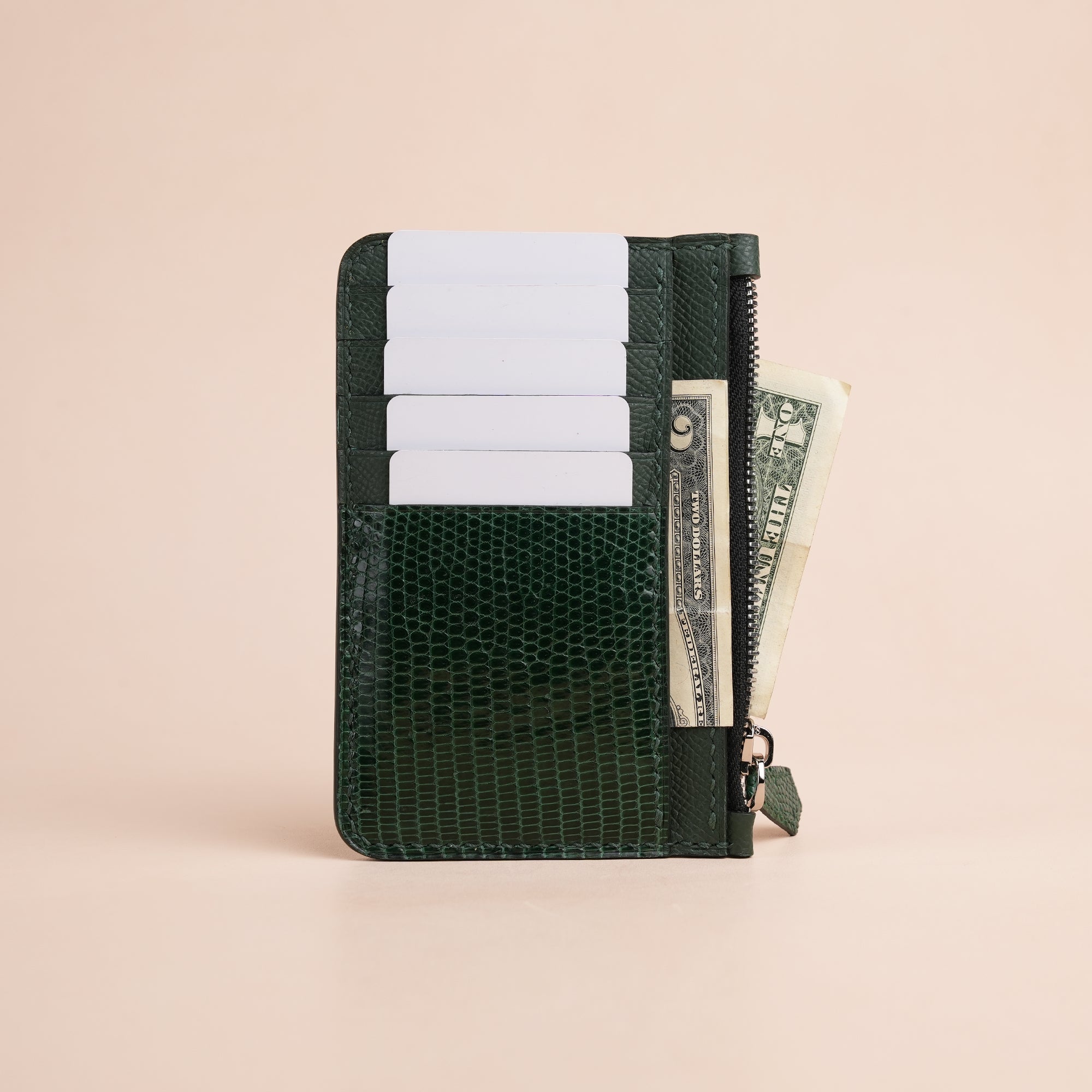Green Lizard Leather Zipper Wallet - Extra