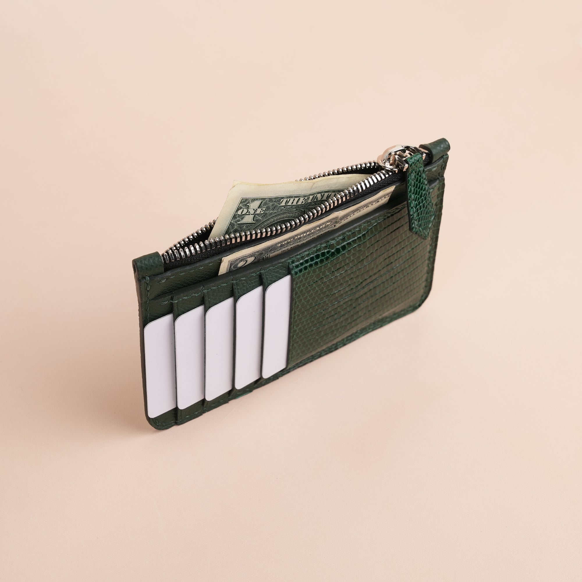 Green Lizard Leather Zipper Wallet - Extra