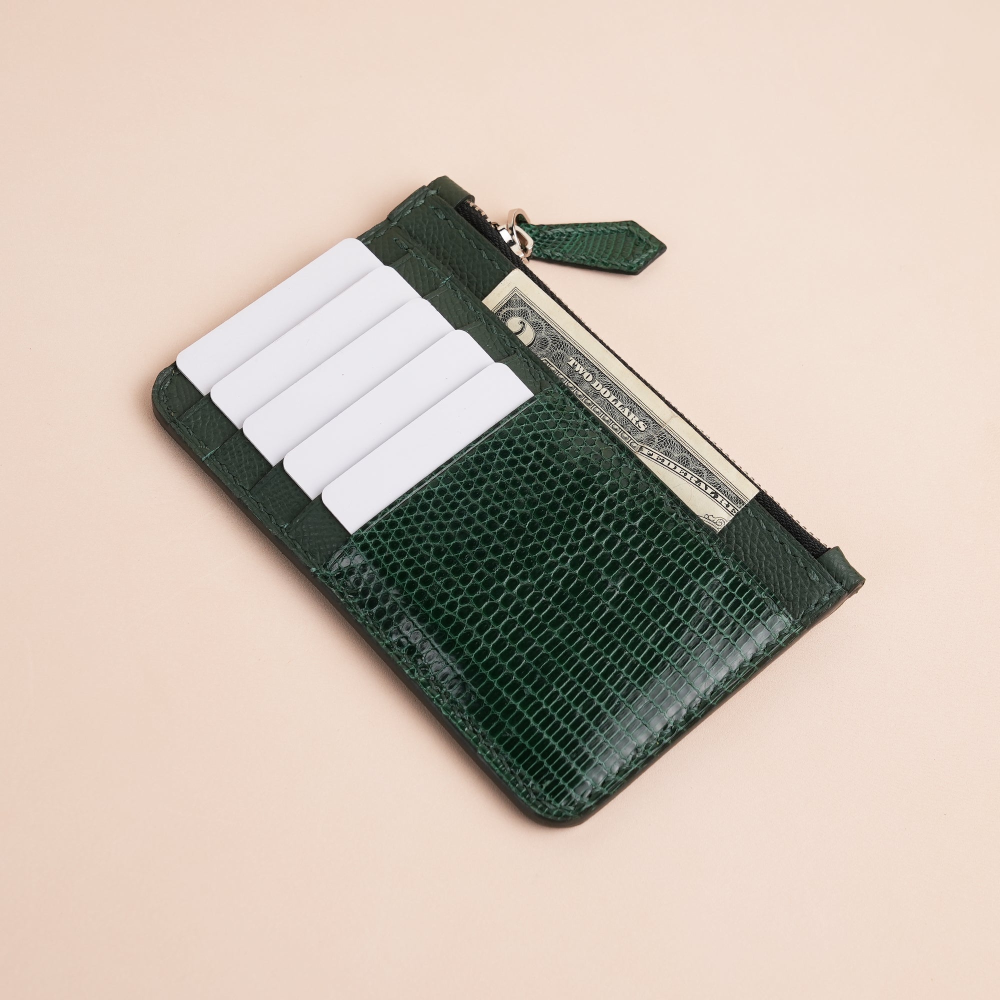 Green Lizard Leather Zipper Wallet - Extra