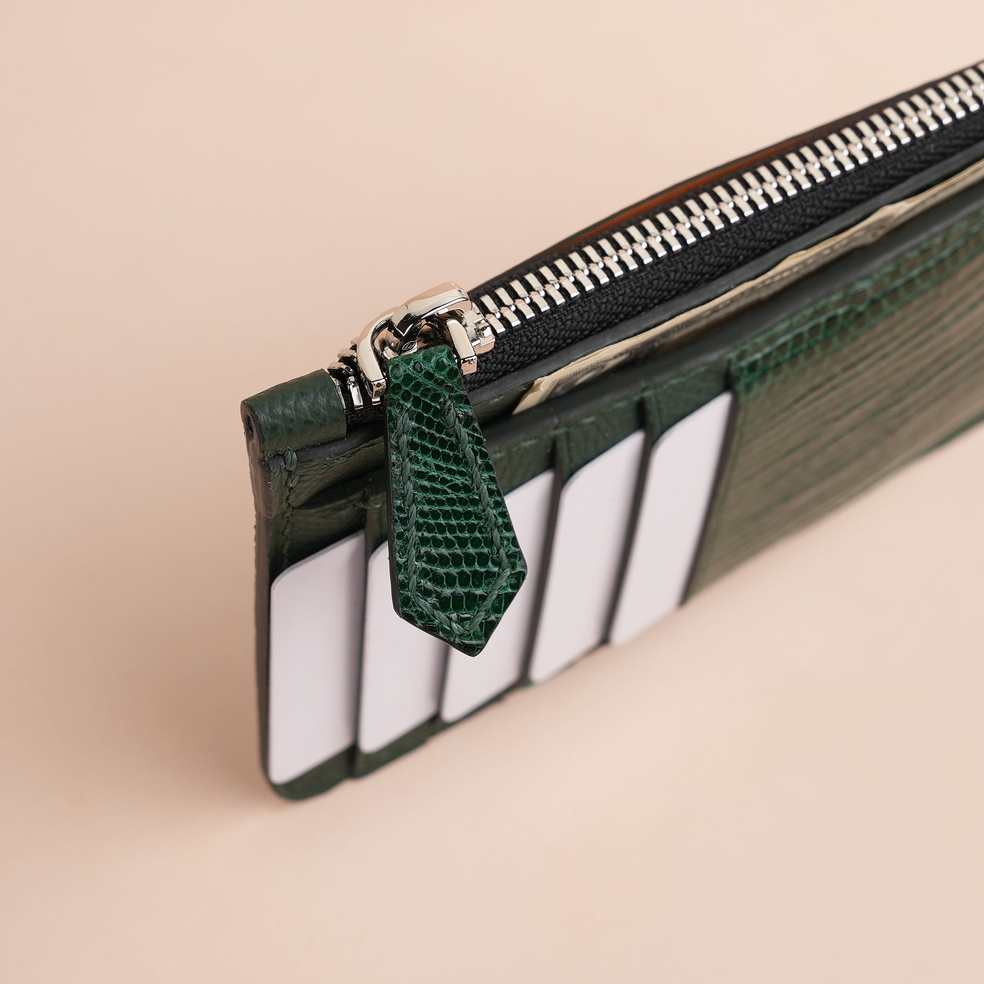 Green Lizard Leather Zipper Wallet - Extra