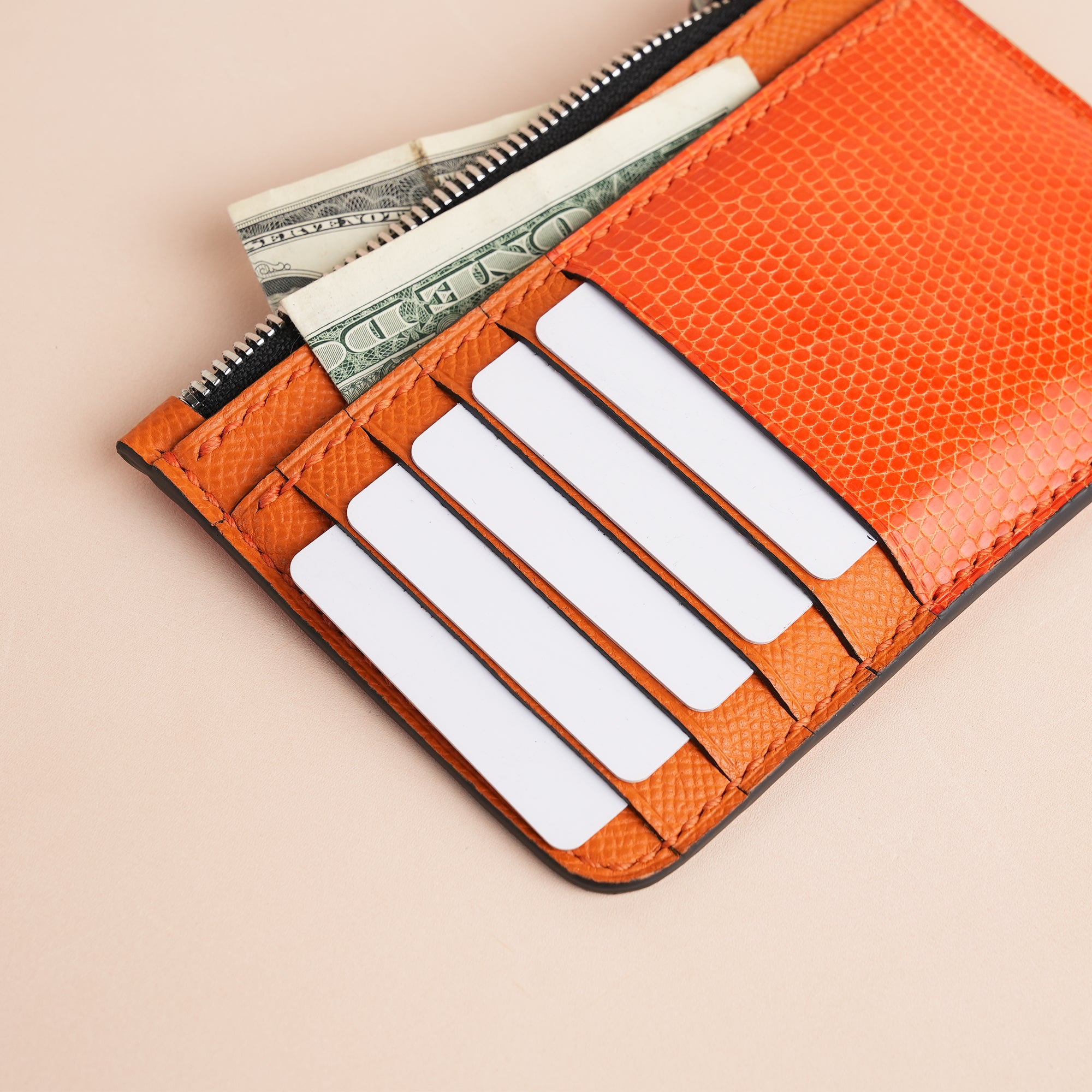 Orange Lizard Leather Zipper Wallet - Extra